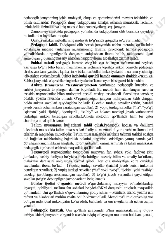 ktik xususiyatlari, muayyan pedagogik g„oya, qarash hamda ta'limotlarning falsafiy jihatlari kabi masalalarni tahlil etishga imkon beradi. 2. iqtisodiyot nazariyasi – ta'lim muassasalarining faoliyatini yo„lga qo„yish, o„quv binolarini qurish, ta'lim-tarbiya jarayonlarini tashkil etish va ularning moddiy-texnika va zamonaviy texnologiyalar bilan jihozlash kabi masalalarning iqtisodiy jihatlarini anglashga xizmat qiladi. 3. sotsiologiya – ijtimoiy munosabatlar mazmuni, ularni tashkil etish shartlari xususida ma'lumotlarga ega bo„lish asosida ta'lim-tarbiya jarayoni ishtirokchilarining o„zaro munosabatlarini samarali tashkil etish uchun imkoniyat yaratadi. 4. etika (axloqshunoslik)– shaxs ma'naviyatini shakllantirish, unda eng oliy insoniy sifatlar, axloqiy ong va ma'naviy-axloqiy madaniyatni tarbiyalashda muhim o„rin tutuvchi nazariy g„oyalarni pedagogik jarayonga tatbiq etishda alohida o„rin tutadi. 5. estetika – shaxs tomonidan go„zallikning his etilishi, unga intilishi, shuningdek, unda estetik didni tarbiyalashda muhim yo„nalishlarni aniqlashga xizmat qiladi. 6. fiziologiya – o„quv-tarbiya jarayonida bolalarning fiziologik, anatomik xususiyatlarini inobatga olinishi uchun boshlang„ich asoslarni beradi. 7. gigiena – o„quvchilarning salomatligini muhofazalash, ularning jinsiy jihatdan to„g„ri shakllantirishda nazariy va …