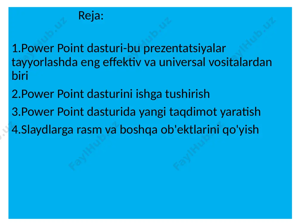 i joylanadi.slaydlar ketma - ketligidan iborat tayyor ko'rgazma kompyuter ekanida,videomanitorda,katta ekranda namoyish qilinadi. prezentatsiya ( taqdimot) - yaratilayotgan slaydlar turkumi va uni namoyisg etish uchun beriladigan fayl nomi. masalan: prizentatsiya- power point dasturi ochilganda ,sarlavhalar qatorida paydo bo'lib, yaratilgan yoki yaratilayotgan taqdimotning ayni vaqtdagi nomi hisoblanadi . bu nomni keyinchalik o' z xohishingizga ko'ra almashtirishingiz mumkin.