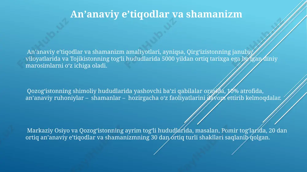 samarqand va buxoro kabi tarixiy shaharlarda sufizm ta'siri oshib bormoqda va bu 2040-yillarga kelib mintaqaning ma'naviy manzarasiga sezilarli ta'sir ko'rsatishi mumkin. markaziy osiyo va qozogʻistondagi 2030-yilgacha islomning turli mazhablari, jumladan, sunniylik va shialikning nisbatlari o'zgarishi va bu o'zgarishlarning mintaqaviy siyosatga ta'siri kutilmoqda. e'tiboringiz uchun rahmat @taqdimot_robot
