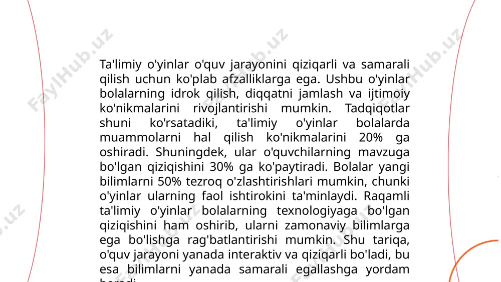 si va ommaviyligi aniqlanadi. o'yin platformalarida (masalan, steam yoki metacritic) bu uslublar keng qo'llaniladi, chunki ular foydalanuvchilarga turli fikrlar asosida qaror qabul qilish imkonini beradi. ... t.me/slaydai_bot o'yin dizayni va pedagogik strategiyalar ta'lim jarayonida samarali vositalardan biri hisoblanadi. o'yinlar ta'limni interaktiv va qiziqarli qilish orqali o'quvchilarning e'tiborini oshiradi va bilimlarni mustahkamlashga yordam beradi. tadqiqotlar shuni ko'rsatadiki, o'quvchilarning 70% qismi o'yin asosida o'qitiladigan materialni yaxshiroq o'zlashtiradi. pedagogik strategiyalarni o'yin dizayni bilan birlashtirish ta'limning individual ehtiyojlariga moslashganini ta'minlaydi va ko'nikmalarni rivojlantiradi. qurilmalarda foydalaniladigan o'quv o'yinlari interaktivlikni oshiradi va o'quvchilarning 68% gacha foydalanish darajasini ko'rsatadi. shu tarzda, o'yin dizayni va pedagogik strategiyalar zamonaviy ta'limda muhim rol o'ynaydi va o'quv jarayonini sezilarli darajada yaxshilaydi. ... t.me/slaydai_bot oʻyin asosli taʼlim (game-based learning) maktablarda oʻquvchilarning bilim olish jarayonini qiziqarli va samarali qilish uchun qoʻllaniladi. tadqiqotlar koʻrsatishicha, oʻyinlar oʻquvchilarning diqqatini 20% dan 40% gacha oshiradi. maʼlumotlarga koʻra, oʻyinlarda ishtirok etayotgan oʻquvchilarning oʻrganish darajasi 80% ga yetishi mumkin, …