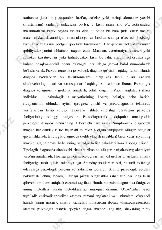 mning biror faoliyat sohasida muvaffaqiyat qozonishiga yordam beradigan har qanday individual psixologik xususiyatni qobiliyat deb hisoblash mumkin. qobiliyatni faqat bilim va malakalardan iborat deb hisoblab bo‘lmaydi. masalan, agar odam hidlarning birbiridan farkini yaxshi bilsa va ularni esda saqlab qola olsa, u holda bunday fazilat ximik uchun, degustator uchun, oshpaz va boshqa shunga o‘xshash kasbdagi kishilar uchun juda zarur bo‘lgan qobiliyat hisoblanadi. basharti, kishining xotirasida juda ko‘p raqamlar, harflar, so‘zlar yoki tashqi alomatlar yaxshi (mustahkam) saqlanib qoladigan bo‘lsa, u kishi mana shu o‘z xotirasidagi ma’lumotlarni kerak paytda ishlata olsa, u holda bu ham juda zarur fazilat, matematikka, dasturchiga, konstruktorga va boshqa shunga o‘xshash kasbdagi kishilar uchun zarur bo‘lgan qobiliyat hisoblanadi. har qanday faoliyat muayyan qobiliyatlar jamini ishlatishni taqozo etadi. masalan, veterinariya feldsheri yoki shifokor kuzatuvchan yoki tashabbuskor kishi bo‘lishi, chuqur aqlidrokka ega bulgan chaqkon-epchil odam bulmog‘i, o‘z ishiga g‘oyat halol munosabatda bo‘lishi kerak. psixodiagnostika psixologik diagnoz qo‘yish haqidagi fandir. bunda diagnoz …