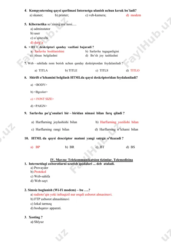 i , tovushli ma’lumotlarni tabiiy va grafik tasvirlarni birlashtiruvchi axborot texnologiyasi 10. biror mehnat faoliyati samarasini oshirish va shu mexnat faoliyati bilan shug’ullanuvchiga qulayliklar yaratish maqsadida qo’llaniladigan qurilmalar , asbob – uskunalar majmyi …… a) avtomatlashtirilgan ish joylari b) qulaylik yaratilgan ish joylari c) oddiy ish joylari d) to’g’ri javob ko’rsatilmagan v. telekommunikatsion tizimlar. server-klient texnologiyasi. 1. telekommunikatsiya bu --... a) simli, radio, optik yoki boshqa elektromagnit tizimlar orqali har xil turdagi texnologiyalar orqali ma'lumot uzatish. b) simsiz aloqa c) internet provayder d) xosting 2. server bu - .... a) server-mijozlar deb ataladigan boshqa kompyuterlar vaqti-vaqti bilan kiradigan mahalliy yoki tashqi tarmoq orqali ulangan kompyuter. b) kichik xotirali kompyuter c) modem qurilmasi d) wi-fi aloqa 3. server-klient texnologiyasi qanday ishlaydi? a) web sayt interaktiv sahifa bilan b) telegram platforma bilan c) registraturada bemorlar bilan d) mijozga kitob tarqatish bilan 4. texnologiya so’zi ma’nosi nima? a) san’at b) ishlab chiqarish c) …