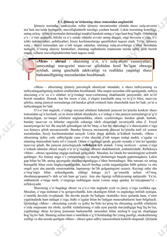 di. masalan, shaxsdagi turli g’oyalar, fikrlar va mafkura mafkuraviy munosabatlar tizimi ta’sirida shakllanib, ular bevosita oila, bog’cha, maktab, boshqa o’quv va tarbiya muassasalari orqali ongga singdiriladi. agar bu ta’sir uning e’tiqodi darajasida ko’tarilsa, va unda yana yangidan - yangi fikrlar va g’oyalarning paydo bo’lishi, o’sishiga olib kelsa, shaxs taraqqiyoti jarayonida shunday faoliyat sohasini tanlaydiki, o’z qobiliyatlari, malaka va ko’nikmalarini rivojlantira borib, ziyoli sifatida yo o’qituvchi, yoki vrach, yoki olim, kashfiyotchi, muhandis bo’lib, elu - yurtiga xizmat qiladi. iqtisodiy munosabatlar ham shaxs ongi va uning insoniy xususiyatlari shakllanishida katta rol o’ynaydi. masalan, bosqichma - bosqich bozor munosabatlariga o’tayotgan o’zbekiston sharoitini oladigan bo’lsak, yangicha iqtisodiy o’zgarishlar, bozor, raqobat, legalizasiya va shunga o’xshash yangiliklar har bir shaxsning moddiy boyliklar va ularga bo’lgan shaxsiy munosabatlarida aks etib, uning iqtisodiy ongi, tafakkuri va iqtisodiy xulqi normalarini belgilaydi. 0. ijtimoiy normalar, sanksiyalar va shaxs ijtimoiy norma - shaxs hayotida shunday kategoriyaki, u jamiyatning o’z a’zolari xulq …