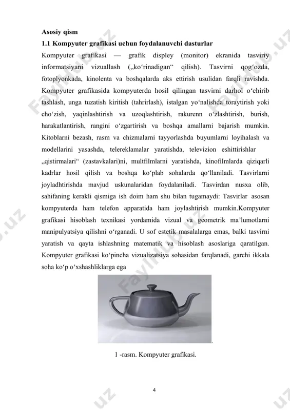 tadqiqotlar quyidagilarni oʻz ichiga oladi: amaliy matematika hisoblash geometriyasi hisoblash topologiyasi tasvirni qayta ishlash axborotni vizualizatsiya qilish ilmiy vizualizatsiya kompyuter grafikasining ilovalari quyidagilarni oʻz ichiga oladi: chop etish dizayni raqamli sanʼat maxsus effektlar video oʻyinlar vizual effektlarboyitish orqali bilim oluvchi bilim olishida qulayliklar yaratuvchi pedagogik kompleks hosil qilinadi. bundan tashqari elektron qo‘llanmalar bilim oluvchi uchun qulaylik – uning xoxlagan tezlik bo‘yicha dars tashkil etiladi. shu qatorda tizim bilim oluvchining tayyorgarligini, o‘qishda ulgurish darajasini qadamba-qadam nazoratini amalgaoshirib boradi. bunday nazorat o‘quvchi uchungina zarur bo‘lib qolmay, balki tizim uchun bilim oluvchi modelini qurish imkonini beradi. bu jarayonda foydalanuvchi o‘zi kompyuterda ishlashi jarayonida o‘zi erishayotgan yutuq va kamchiliklarni kuzatib turadi. o‘qitish tizimlarining ko‘pgina klassifikatsiyasi mavjud bo‘lib, ular tizimning maqsad va vazifasiga, ish rejimiga qarab quyidagi turlarga bo‘linadi: i. illyustratsiyalovchi; ii. konsultatsiya beruvchi; iii. operatsion muhit; iv. trenajerlar; v. nazoratli o‘qitish kompyuter grafikasi boʻyicha eng muhim natijalar nashr etilgan bir nechta xalqaro konferentsiyalar va …