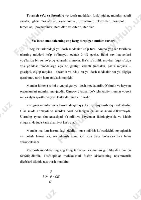 mlashgan klassifikatsiyasi mavjud emas. amalda tarkibidagi fosfor kislotasi bilan eterifikatsiyalangan spirt tarkibiga qarab fosfolipidlarni guruhlarga bo`lish qulaydir. shunga asosan tabiiy fosfolipidlarni ikkita katta guruhga bo`lish mumkin: glitserofosfatidlar va sfingozinfosfatidlar (hayvon organizmi tarkibida). glitserofosfatidlar kengroq tarqalgan va ko`proq o`rganilgan. fosfolipidlar hujayralarda albatta uchraydigan komponent, ular oqsillar va uglevodlar bilan birgalikda hujayra membranalari tuzilishida ishtiroq etadi. fosfolipidlar difillikni namoyon etadi va yaxshi emul’gatorlar hisoblanadi. biz yuqorida atsilglitserinlarni rangsiz birikmalar sifatida tavsifladik. ammo yog`larning rangiga sabab bo`ladigan shunday yo`ldosh moddalar borki, bular karatinoidlar, xlorofillar, gossipol va uning hosilalari, analoglari kabilardir. karotinoidlar qizg`ish – sariq rang beruvchi tabiiy pigmentlardir. ularning uglevodorodli tarkibi c40 n56, shuningdek kislorodli birikmalari ham bo`lishi mumkin (ksantofillar). karotinoidlarning yaqqol nomoyandasi (jami 100 ga yaqin karotinoidlar ma`lum) -karotindir: karotinoidlar rang berishiga sabab bo`ladigan guruh bu uzun qo`shbog`lar zanjiri (xromofor guruh) bo`lib, ma`lum sabablarga ko`ra bu zanjir uzilishi (buzilishi) rang yo`qolishiga olib keladi (masalan gidrogenizatsiyada). karotinoidlar rang berish qobiliyatidan tashqari provitamin xususiyatiga …