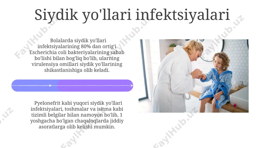 ning turli xil klinik koʻrinishlarga, jumladan, respirator kasalliklar, konjunktivit va gastroenteritga olib kelishi mumkin. teri va yumshoq to'qimalar infektsiyalari teri va yumshoq to'qimalar infektsiyalarining 70% dan ortig'i staphylococcus aureus bakteriyalari tomonidan qo'zg'atiladi, shu jumladan metitsillinga chidamli s. aureus (mrsa) shtammlari ham uchraydi. nekrotizuvchi fasiit kabi og'ir teri va yumshoq to'qima infektsiyalari, ko'pincha bir nechta bakteriya turlarining aralashgan infektsiyasi natijasida yuzaga keladi va tezkor jarrohlik aralashuvni talab qiladi. tez-tez uchraydigan bolalar infektsiyalarining etiologik omillari va patogenezi rotavirus, bolalarda oshqozon-ichak traktining yallig'lanishiga olib keladigan asosiy etiologik omil hisoblanib, yiliga 50 millionga yaqin og'ir holatlarni keltirib chiqarishi mumkin. streptococcus pneumoniae, pnevmoniya va otit mediani qo'zg'atuvchi asosiy bakteriyalar hisoblanib, taxminan 2 yoshgacha bo'lgan bolalarda yuqori nafas yo'llari infektsiyalarining 30% dan ko'prog'ini tashkil etadi. e'tiboringiz uchun rahmat @taqdimot_robot image4.jpg image5.jpg image6.jpg image7.jpg image8.jpg image9.jpg image10.jpg image11.jpg image12.jpg image13.jpg image14.jpg image15.jpg image16.jpg image17.jpg image18.jpg image19.jpg image20.jpg image1.jpeg image2.jpeg image3.jpeg