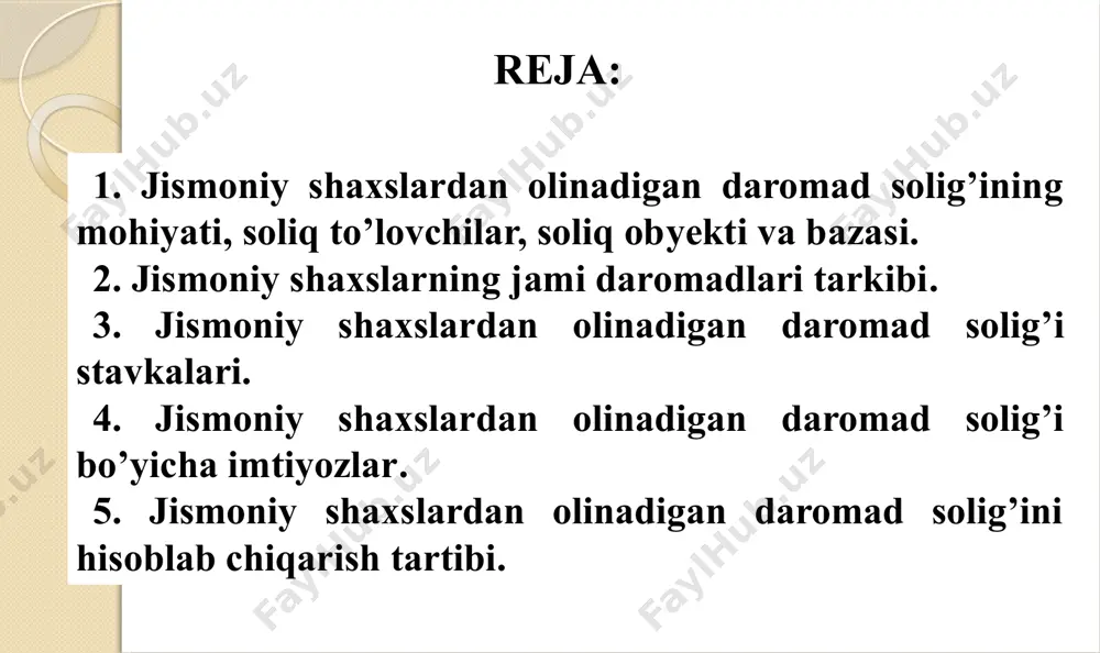 milliy valyutaga qayta hisob-kitob qilinadi. turli soliq stavkalari bo’yicha solinadigan soliq bazasi alohida aniqlanadi. soliq bazasi soliq davri boshidan e’tiboran o’sib boruvchi yakun bilan aniqlanadi. agar soliq to’lovchining daromadidan uning o’z farmoyishiga, sudning yoki boshqa organlar va tashkilotlarning qaroriga ko’ra ushlab qolishlar amalga oshirilsa, bunday ushlab qolishlar soliq bazasini kamaytirmaydi. 6 7 quyidagilar jami daromad tarkibiga kiritilmaydi: 1) o’zbekiston respublikasining davlat mukofotlariga va davlat pul mukofotlariga sazovor bo’lgan soliq to’lovchi olgan bir yo’la beriladigan davlat pul mukofoti yoki shunga teng bahodagi esdalik sovg’alarining qiymati, shuningdek o’zbekiston respublikasi prezidentining yoki o’zbekiston respublikasi vazirlar mahkamasining qarori asosida bir yo’la beriladigan pul mukofoti va sovg’alar. 2) donorlik uchun pul mukofotlari, shuningdek tibbiyot muassasalarining xodimlari tomonidan qon olganlik uchun olinadigan summalar. 3) olingan alimentlar. 4) fuqarolar tomonidan olinadigan sug’urta tovoni summalari. 7 5) qonun hujjatlarida belgilangan miqdorlarda va tartibda to’lanadigan stipendiyalar. 6) qonun hujjatlariga muvofiq uy-joy-kommunal xizmatlar haqini to’lash bo’yicha har oylik kompensatsiya pul …