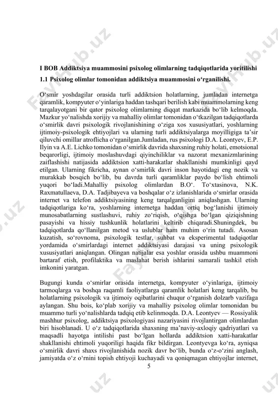 jtimoiy tarmoqlarga va boshqa raqamli faoliyatlarga qaramlik holatlari keng tarqalib, bu holatlarning psixologik va ijtimoiy oqibatlarini chuqur o‘rganish dolzarb vazifaga aylangan. shu bois, ko‘plab xorijiy va mahalliy psixolog olimlar tomonidan bu muammo turli yo‘nalishlarda tadqiq etib kelinmoqda. d.a. leontyev — rossiyalik mashhur psixolog, addiktsiya psixologiyasi nazariyasini rivojlantirgan olimlardan biri hisoblanadi. u o‘z tadqiqotlarida shaxsning ma’naviy-axloqiy qadriyatlari va maqsadli hayotga intilishi past bo‘lgan hollarda addiktsion xatti-harakatlar shakllanishi ehtimoli yuqoriligi haqida fikr bildirgan. leontyevga ko‘ra, ayniqsa o‘smirlik davri shaxs rivojlanishida nozik davr bo‘lib, bunda o‘z-o‘zini anglash, jamiyatda o‘z o‘rnini topish ehtiyoji kuchayadi va qoniqmagan ehtiyojlar internet, kompyuter o‘yinlari kabi vositalar orqali qondirilishi xavfi mavjud. a.e. lichko — psixopatologiya va o‘smirlik davri psixologiyasiga oid ishlari bilan tanilgan olim. lichko o‘smirlik davrida shaxs psixikasining o‘zgarishi, stressga nisbatan sezgirlik oshishi va hissiy beqarorlik addiktsion holatlarning paydo bo‘lishi uchun qulay zamin yaratishini ta’kidlagan. u internetga qaramlikni o‘ziga xos psixologik himoya mexanizmi sifatida ko‘rib, uni real hayotdagi …