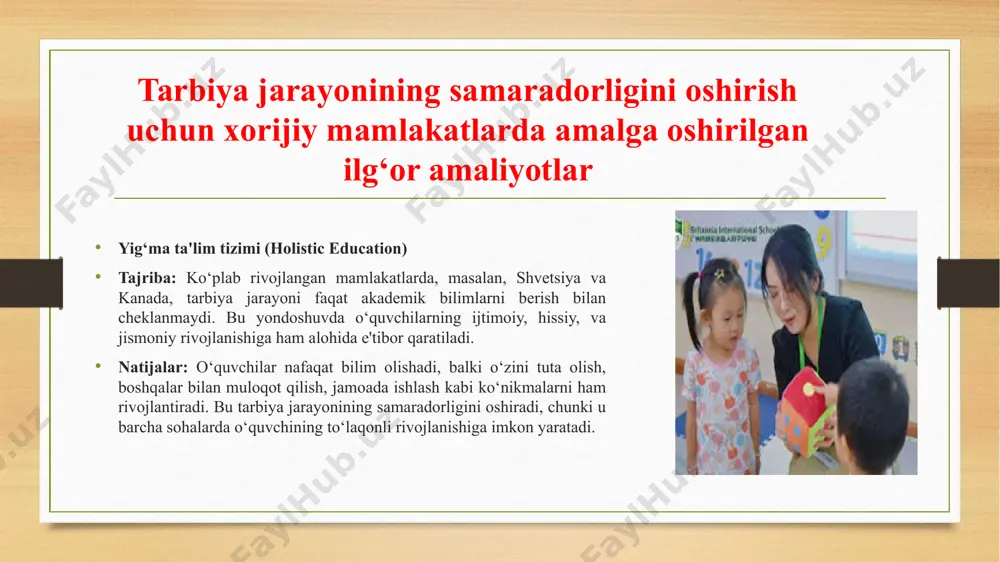 onining samaradorligini oshirish uchun zamonaviy pedagogik yondoshuvlar va texnologiyalarni, individual va jamoaviy ishlash metodlarini joriy etish muhim ahamiyatga ega. foydalanilgan adabiyotlar. sahlberg, p. (2011). finnish lessons: what can the world learn from educational change in finland? teachers college press. — ushbu kitobda finlandiya ta’lim tizimi va uning muvaffaqiyatli yondoshuvlarini tahlil qiladi. o‘qituvchilarning malakasi, o‘quvchilarning motivatsiyasi va ta’limdagi innovatsiyalar haqida so‘z yuritiladi. hattie, j. (2009). visible learning: a synthesis of over 800 meta-analyses relating to achievement. routledge. — hattining tadqiqotlari o‘qitish va o‘rganish jarayonlarining samaradorligini o‘lchashga qaratilgan. ta’lim samaradorligini oshirish bo‘yicha ilmiy asoslangan yondoshuvlar keltirilgan. fullan, m. (2016). the new meaning of educational change. teachers college press. — fullanning asari ta’limdagi o‘zgarishlar va ularning ijtimoiy, madaniy, iqtisodiy ta’sirini tahlil etadi. yangi pedagogik yondoshuvlar va tizimdagi yangilanishlar haqida batafsil ma’lumotlar mavjud. darling-hammond, l. (2000). teacher quality and student achievement: a review of state policy evidence. educational policy analysis archives, 8(1). image7.png image8.png …