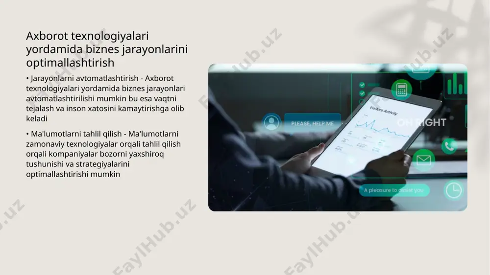 asalan, energiya tejamkorligini oshirish ekologik muhitni himoya qilishga yordam beradi. raqamli ta'limning kelajagi va rivojlanishi • innovatsiyalar - raqamli ta'lim innovatsion texnologiyalar bilan boyitilmoqda. o'quvchilar uchun interaktiv platformalar va virtual sinflar ta'lim jarayonini yanada qiziqarli qiladi. • globalizatsiya - raqamli ta'lim global miqyosda imkoniyatlar yaratadi. o'zbekiston o'quvchilari boshqa mamlakatlardan kelgan tajribalarni olish imkoniyatiga ega bo'ladi. e’tiboringiz uchun rahmat image2.png image3.jpg image4.jpg image1.png /docprops/thumbnail.jpeg