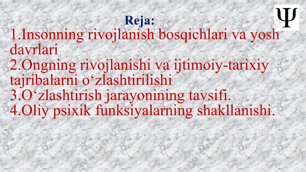 ining rivojlanishiga turtki bo‘lgan. lev vigotskiy inson psixikasining shakllanishida madaniyat va ijtimoiy muhit asosiy omil ekanligini ta’kidlagan. til, yozuv, ramzlar va ijtimoiy tajriba inson tafakkuri rivojlanishiga olib kelgan. shaxsning psixik rivojlanishi jamiyat taraqqiyoti bilan uzviy bog‘liq. 3. felogenezning bosqichlari: inson psixikasining rivojlanishi bir necha asosiy bosqichlardan iborat: 1. hayvonlardagi boshlang‘ich psixika asosan refleks va instinktlar orqali namoyon bo‘lgan. xotira va oddiy muhitga moslashish qobiliyatlari mavjud bo‘lgan 2. mehnat faoliyati va ong rivojlanishi inson ajdodlari oddiy mehnat qurollaridan foydalangan va bu mantiqiy tafakkurning shakllanishiga olib kelgan. jamoaviy hayot va aloqa qilish zarurati tilning paydo bo‘lishiga turtki bo‘lgan. 3. madaniy va ijtimoiy taraqqiyot jamiyat shakllangan sari, axloqiy me’yorlar, qadriyatlar va ijtimoiy rollar rivojlangan. diniy va falsafiy dunyoqarash shakllangan. 4. zamonaviy ong va psixika ilm-fan, texnologiya va san’at psixik rivojlanishga ta’sir qilgan. kognitiv jarayonlar yanada murakkablashgan, abstrakt tafakkur rivojlangan. ontogenetik rivojlanishda biogenitik, sotsiogenetik, bixevorizm, psixoanalitik nazariyalar muhim rol o‘ynaydi. insonning rivojlanish bosqichlari va …