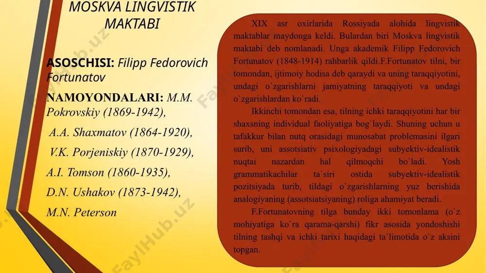 betlar. 6. bekchanova z. h. "moskva va qozon lingvistik maktablarining o‘zaro aloqalari." o‘zbek tilshunosligi aktual masalalari. toshkent: 2008 78-85-betlar. 7. karimov a. b. "xx asr boshidagi lingvistik maktablarning shakllanishi." filologiya fanlari jurnali 2010 №1 12-20-betlar foydalanilgan adabiyotlar: maqolalar: image5.png image6.png image7.png image8.png /docprops/thumbnail.jpeg