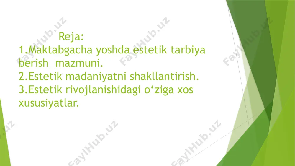 lar jumlasiga kiradi. estetik tasavvurning o’ziga xosligi shundaki, idrokning boshqa turlariga qaraganda narsalarni his qilish shakli - «ko’rinadigan» va «eshitiladigan» narsalar butunlay boshqa mazmun kasb etadi. estetik rivojlanishidagi o‘ziga xos xususiyatlar ma’naviy va axloqiy jihatdan yetuk, barkamol farzand voyaga yetkazish hamma davrlarda ham katta siyosiy mohiyat va ahamiyat kasb etib kelgan. har bir ijtimoiy tuzum kelajagi, insoniyat istiqboli, kishilarning hayot vaturmush darajasi fan va madaniyat taraqqiyoti bilan bevosita bog‘liqdir. fan va madaniyat rivojlanishi ta’lim-tarbiya ishlarining qay darajada olib borilishidan kelib chiqadi. ijtimoiylashuv – inson tomonidan kishilik madaniyatining, xususan axloqiy-estetik madaniyatning o‘zlashtirib borilishi jarayoni sifatida ham talqin etish mumkin. shu nuqtai nazardan o‘sib kelayotgan yoshlarni estetik tarbiyasi muhim hisoblanadi. estetik tarbiyaning vazifalari tarbiyaning umumiy maqsadlaridan kelib chiqib, bolalarning yosh imkoniyatlariga qarab belgilanadi. estetik tarbiya oldida quyidagi vazifalar turadi: 1. bolalarni hayotdagi, voqelikdagi go‘zallikni tushunishga, sevishga, tabiatda va turmushda, yaratuvchilik mehnatida, ijtimoiy hayotda, kishilar xattiharakatida bolalarga tushunarli bo‘lgan go‘zalliklarni ko‘ra bilishga o‘rgatish. …
