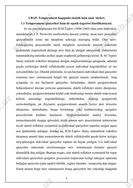 órinistegi yaki kúshleniwdegi qozǵalıw procesleriniń kúshine baylanıslı. maǵluwmatlardıń analizi boyınsha, tormozlanıwdıń (toqtap qalıwdıń) kúshi menen nerv procesleriniń teńlesiwine tiyisli shártli reflektor xızmetiniń in-individual qásiyetleri toparları usıǵan uqsas usıl járdeminde ashılǵan. sonday-aq, b.m.teplov ilimiy mektebiniń wákilleri tárepinen unamlı hám tormozlanıwshı shártli reflekslerdiń payda bolıw tezligin táriyipleytuǵın individual qásiyetler toplamı da bayan yetilgen. usı individual qásiyetler mánisinde sáwlelenetuǵın nerv sistemasınıń biytańıs qásiyeti dinamiklik dep atalǵan. bunnan tısqarı, olar shártli reflektor xızmetiniń bir topar individual qásiyetleri qozǵalıw procesiniń toqtawınıń tezligi nátiyjesi sıpatında boljaǵan qásiyetin (jańa sıpattı) labillik, yaǵnıy latınsha - turaqsızlıq dep ataǵan. sonıń menen birge nerv sistemasınıń basqa qásiyetleri bar yekenligi haqqında ilimiy boljawlar alǵa súrilgen, ásirese: sezgirlik, reaktivlik hám basqalar. b.m.teplov ilimiy mektebi i.p.pavlov izertlewlerinde aniqlanǵan nerv sistemasınıń ózgeshelikleri haqqındaǵı teoriya hám boljawlar belgili dárejede keńeytilgen hám de temperamenttiń túp mánisin túsindiriwge qolay imkaniyatlar jaratılǵan. biraq sonday tereń izleniwler alıp barılıwına qaramastan, psixologlar tárepinen ashilgan qásiyetlerdiń ximiyalıq hám fizikalıq mánisi elege …