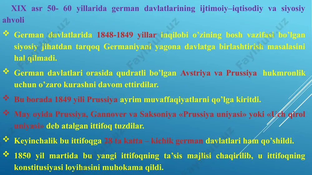 suhbatida avstriyani quvvatlashini qat’iy ravishda ma’lum qildi. prussiya german davlatlari orasida hukmronlik uchun o’z davolaridan voz kechishga majbur bo’ldi. noyabr oxirida prussiya avstriya bilan olmyusda bitim imzolab, avstriya boshchiligidagi sobiq germaniya ittifoqini tiklash haqida kelishib oldi. german davlatlarini o’zi boshchiligida birlashtirish uchun bo’lgan prussiyaning dastlabki urinishi shu tarzda natijasiz tugadi. 1850 yil dekabrda mantoyfelni prezident - ministr lavozimiga o’tirishi bilan prussiyada reaksiya davri boshlandi. 1851 yil oktyabrda prussiya qiroli konstitusiyani bekor qilib, ochiqchasiga absolyutizmni mustahkamlashga kirishdi. boshqa german davlatlarida ham reaksiya boshlandi. 10 yil davom etgan og’ir siyosiy zo’rlik davri german davlatlarini inqilobdan oldingi holatga qaytara olmadi. german davlatlarida feodal munosabatlar tugatilib, burjua yangilanishlari yo’liga o’tildi. 1857-1859 va 1866-1867 yillardagi iqtisodiy inqirozlarga qaramasdan german davlatlarida sanoat to’ntaruvi muvaffaqiyatli ravishda nihoyasiga yetdi. dunyoning qudratli sanoat mamlakatlari orasida u angliya va aqsh dan so’ng 3- o’rinni egalladi. 1850 yil 2 martda prussiyada dehqonlarni feodal majburiyatlardan to’lov asosida ozod qilish to’g’risida farmoyish chiqdi. …