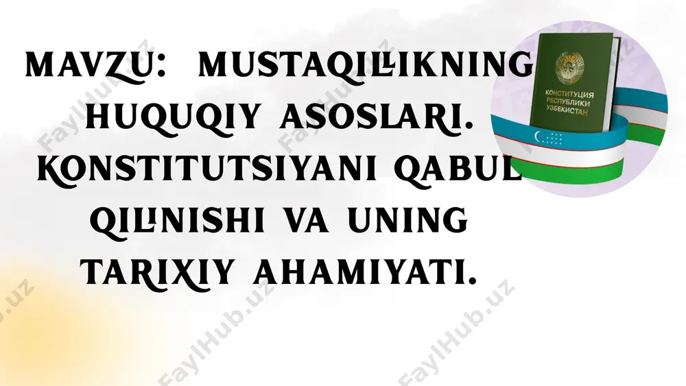 berdi. unda o‘zbekiston o‘z yeriga, suviga, tabiiy boyliklariga egalik qilish huquqiga ega ekanligi, qonun ustuvorligi, xalq irodasi asosiy qadriyat ekanligi bayon etilgan edi. 1991-yil 31-avgustdagi “davlat mustaqilligi to‘g‘risida”gi qonun esa suveren davlat sifatida o‘zbekistonning xalqaro maydondagi maqomini belgilab berdi. shu tariqa, xalq irodasi, tarixiy ehtiyoj va siyosiy vaziyat asosida mustaqillikning huquqiy asosi yaratildi. xalq hokimiyatining ustuvorligi; konstitutsiyada quyidagi asosiy tamoyillar mustahkamlangan: demokratik huquqiy davlat tamoyili; fuqarolarning huquq va erkinliklari kafolati; sud hokimiyatining mustaqilligi; mahalliy davlat hokimiyati va boshqaruv organlarining vakolatlari; bozor iqtisodiyotiga asoslangan iqtisodiy siyosat. konstitutsiya nafaqat huquqiy hujjat, balki o‘zbekiston xalqining mustaqillik sari intilishi, o‘z davlatchiligi va kelajagiga bo‘lgan ishonchining ifodasidir. u milliy taraqqiyot yo‘lining huquqiy xaritasi, xalq manfaatlarini ifodalovchi bosh hujjatdir. konstitutsiya qabul qilinganidan so‘ng, o‘zbekistonda ko‘plab yangi qonunlar ishlab chiqildi va amaliyotga tatbiq qilindi. jumladan: “fuqarolarning murojaatlari to‘g‘risida”, “sud tizimi to‘g‘risida”, “ta’lim to‘g‘risida”, “mehnat kodeksi”, “saylov kodeksi” kabi qonunlar qabul qilindi. konstitutsiyaning tarixiy ahamiyati davlat suvereniteti va …