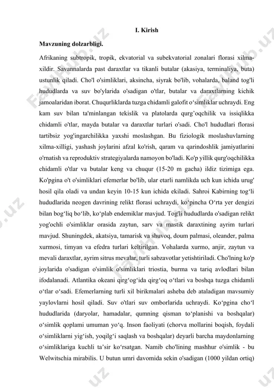 valar, turli sabzavotlar yetishtiriladi. cho'lning ko'p joylarida o'sadigan o'simlik o'simliklari triostia, burma va tariq avlodlari bilan ifodalanadi. atlantika okeani qirgʻogʻida qirgʻoq oʻtlari va boshqa tuzga chidamli oʻtlar oʻsadi. efemerlarning turli xil birikmalari asheba deb ataladigan mavsumiy yaylovlarni hosil qiladi. suv o'tlari suv omborlarida uchraydi. koʻpgina choʻl hududlarida (daryolar, hamadalar, qumning qisman toʻplanishi va boshqalar) oʻsimlik qoplami umuman yoʻq. inson faoliyati (chorva mollarini boqish, foydali oʻsimliklarni yigʻish, yoqilgʻi saqlash va boshqalar) deyarli barcha maydonlarning oʻsimliklariga kuchli taʼsir koʻrsatgan. namib cho'lining mashhur o'simlik - bu welwitschia mirabilis. u butun umri davomida sekin o'sadigan (1000 yildan ortiq) uzunligi 3 metrdan oshib ketadigan ikkita ulkan barg hosil qiladi. barglari diametri 60 dan 120 santimetrgacha bo'lgan ulkan konussimon turpga o'xshash va erdan 30 santimetrga chiqadigan poyaga biriktirilgan. velvichianing ildizlari yerga 3 m chuqurlikda cho'ziladi.velvichia o'zining namlikning asosiy manbai sifatida shudring va tumanni ishlatib, o'ta quruq sharoitda o'sish qobiliyati bilan mashhur. namibning shimoliy qismiga xos bo'lgan …