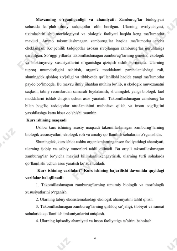 il topgan bo‘lib, bu ularni o‘simliklardan ajratib turadi, chunki o‘simliklarda hujayra devori sellyulozdan tashkil topgan. zamburugʻlar juda xilma-xildir va turli muhitlarda uchraydi: tuproqda, suvda, o‘simlik va hayvon organizmlarida, hatto inson tanasida ham yashovchi turlari mavjud. ularning ko‘pchiligi tuproqning hosildorligini oshiruvchi decompozitor (parchalovchi) sifatida muhim rol o‘ynaydi. ko‘payishi asosan sporalar yordamida amalga oshadi. sporalar turli shakllarda bo‘lib, havo, suv yoki boshqa organizmlar orqali tarqaladi. zamburugʻlarning inson hayotidagi roli katta. ular yordamida non, pivo, sharob kabi mahsulotlar tayyorlanadi; antibiotiklar (masalan, penitsillin) olinadi; shuningdek, ba’zi dorivor qo‘ziqorinlar an’anaviy tibbiyotda qo‘llaniladi. zamburugʻlarning turlari zamburugʻlar juda xilma-xil bo‘lib, ularning yuz minglab turlari mavjud. ularning turlari ko‘plab biologik xususiyatlari — shakli, ko‘payish usuli, yashash joyi va hujayra tuzilishiga qarab guruhlanadi. zamburugʻlarning asosiy turlari va guruhlari quyidagilar: 1. xamirturushlar (saccharomycetes) xamirturushlar — bu asosan bir hujayrali zamburugʻlar hisoblanadi. ular shakarlarni alkogol va karbonat angidridga aylantirish orqali fermentatsiya jarayonini amalga oshiradi. bu xamirturushlarning sanoatda eng ko‘p qo‘llanilishiga sabab …