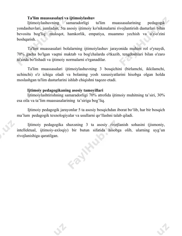 shiga olib keladi. ijtimoiylashuv jarayonini takomillashtirishda 5 yoshgacha bo'lgan bolalar bilan o'tkaziladigan erta aralashuv dasturlarining samaradorligi 30% ga oshadi, bu esa ijtimoiy moslashuv ko'rsatkichlarining yaxshilanishiga olib keladi. maktabgacha ta'lim muassasalarida ijtimoiy-emotsional rivojlanishni qo'llab-quvvatlovchi 7 ta asosiy kompetensiyani o'z ichiga olgan o'quv dasturlarini joriy etish, bolalarning o'zaro munosabatlarini 2 barobar yaxshilaydi. ta'lim muassasalari va ijtimoiylashuv ijtimoiylashuvning samaradorligi ta'lim muassasalarining pedagogik yondashuvlari, jumladan, 5ta asosiy ijtimoiy ko'nikmalarni rivojlantirish dasturlari bilan bevosita bog'liq: muloqot, hamkorlik, empatiya, muammo yechish va o'z-o'zini boshqarish. ta'lim muassasalari bolalarning ijtimoiylashuv jarayonida muhim rol o'ynaydi, 70% gacha bo'lgan vaqtni maktab va bog'chalarda o'tkazib, tengdoshlari bilan o'zaro ta'sirda bo'lishadi va ijtimoiy normalarni o'rganadilar. ta'lim muassasalari ijtimoiylashuvning 3 bosqichini (birlamchi, ikkilamchi, uchinchi) o'z ichiga oladi va bolaning yosh xususiyatlarini hisobga olgan holda moslashgan ta'lim dasturlarini ishlab chiqishni taqozo etadi. ijtimoiy pedagogikaning asosiy tamoyillari ijtimoiylashtirishning samaradorligi 70% atrofida ijtimoiy muhitning ta’siri, 30% esa oila va ta’lim muassasalarining ta’siriga bog’liq. ijtimoiy pedagogik jarayonlar …
