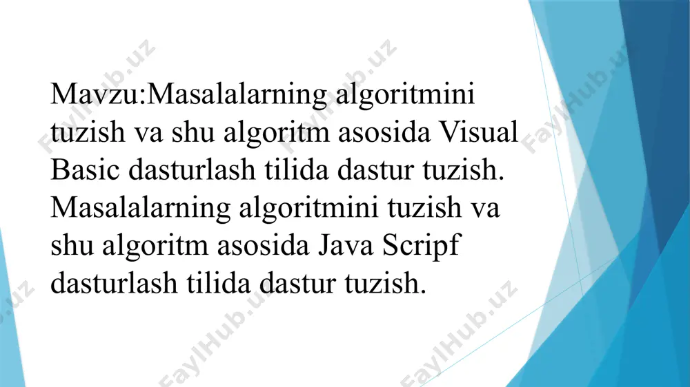 eb dasturlash uchun eng keng tarqalgan va mashhur dasturlash tillaridan biridir. u asosan veb-sahifalarga intekrativ qo’shish uchun ishlatiladi. javascript – bu obyektga yo’naltirilgan, dinamik va interpretorli dasturlash tili. dastlab nestcape kompaniyasi tomonidan 1995- yil ishlab chiqilgan. asosan brauzerlar ichida ishlaydi, lekin hozirda server tomonidan ham ishlatiladi. javascriptning asosiy xususiyatlari: dinamik: o’zgaruvchi turlari avtomatik aniqlanadi. interaktivlik qo’shadi: formalarni tekshirish, sahifa elemantlarini dinamik o’zgartirish. blok sxema qayerda qo’llaniladi: dasturlashda algoritmni tasvirlashda biznes jarayonlarni rejalashtirishda texnik tizimlar ish prinsipi tushuntirishda tahliliy ishlar va rejalashtirishda. e’tiboringiz uchun raxmat.