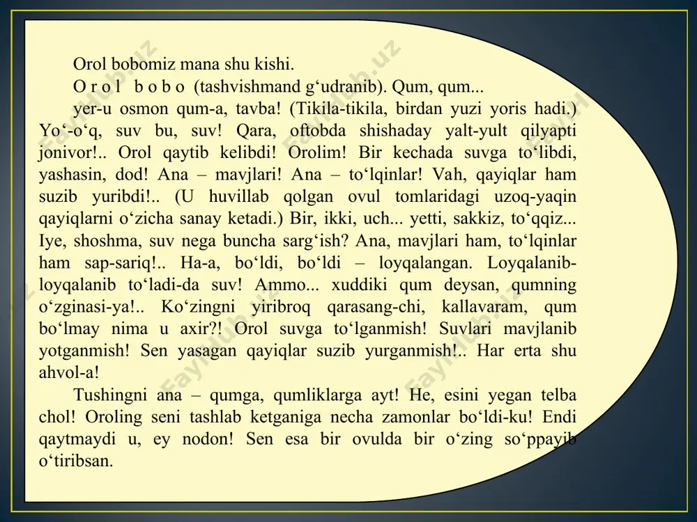 da bor, hamma joydan topiladi. odamzodning ichida bo‘ladi-da u. sezdirmaygina kirib, in qurib oladi... t i l o v b e r g a n. bizning-chi, bizning ham ichimizda bormi? o r o l b o b o (miyig‘ida kulimsirab). qaydam deysan... ichida borini har kim o‘zi biladi. g e n j a m u r o d. masalan, mening ichimda shayton-payton... hech narsa yo‘q. t i l o v b e r g a n (qiqirlab). shuning uchun hushtak chalib uni chaqirayotgandirsan-da. a, bobo? o r o l b o b o. sizlarda shayton nima qilsin, bolam! badniyat ko‘ngilda bo‘ladi u. sizlarning dillaring oqchorloqning to‘shidek beg‘ubor! yo‘qsa, menga o‘xshagan bir devonaga qo‘shilib, bekordan-bekor qayiq yasab o‘tirarmidilaring!. hatto qo‘l chaygali bir ko‘lmak topilmasa, orolimiz huv olislarga ketib qolgan bo‘lsa... t i l o v b e r g a n. bir kuni qaytib keladi, deysiz-ku o‘zingiz doim? o r o …