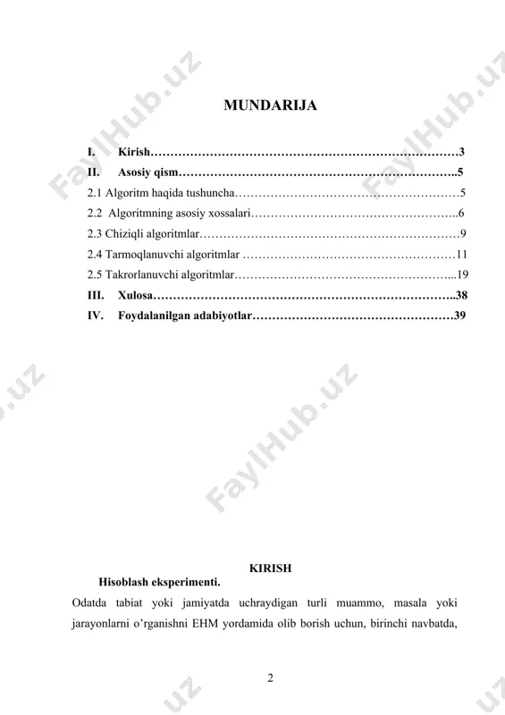 ing matematik modelini tuzish zarur bo’ladi. zikr etilgan ta’sirlarni va fizikaning qonunlarini hisobga olgan holda bu masalani ifodalaydigan birorta differentsial yoki boshqa ko’rinishdagi modellovchi tenglama hosil qilish mumkin bo’ladi. balki, bu masalani bir nechta alohida masalalarga bo’lib o’rganish maqsadga muvofiqdir. bu matematik modelni o’rganish asosida bu masalani ijobiy echish yoki xozirgi zamon tsiviliziyatsiyasi bu masalani echishga qodir emas degan xulosaga xam kelish mumkin. bu fikrlar, yuqorida keltirilgan jadvalning 2 blokiga mos keladi. faraz qilaylik biz matematik modelni qurdik. endi uni ehm da echish masalasi tug’iladi. bizga ma’lumki, ehm faqat 0 va 1 diskret qiymatlar va ular ustida arifmetik va mantiqiy amallarni bajara oladi xolos. shuning uchun matematik modelga mos diskret modelni qurish zaruriyati tug’iladi (1-rasm, 3-blok). odatda, matematik modellarga mos keluvchi diskret modellar ko’p noma’lumli murakkab chiziqsiz algebraik tenglamalar sistemasi (chekli ayirmali tenglamalar-sxemalar) ko’rinishida bo’ladi(4-blok). endi hosil bo’lgan diskret modelni sonli echish usulini–algoritmini yaratish zarur bo’ladi. algoritm esa tuziladigan programma …