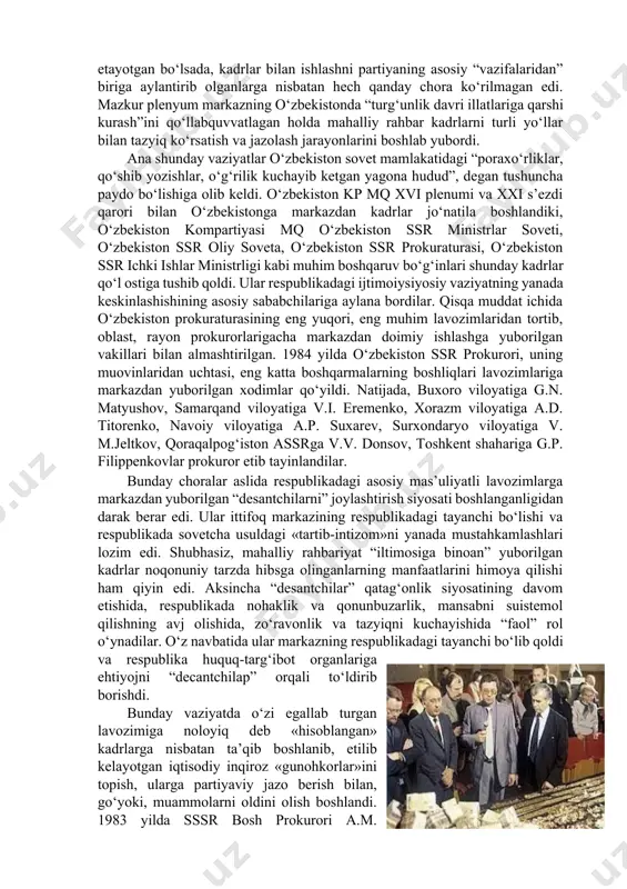ma’naviy sohada milliylikning har bir ko‘rinishi internatsionalizm mohiyatiga yot ekanligini isbotlashga urunildi. bu narsa o‘zbek tiliga munosabat, islom dini, milliy urf-odatlar, an’analar va diniy marosimlar, xususan, navro‘z bayramiga munosabatda yaqqol sezilib qoldi. 2. o‘zbekistonda qatag‘onlikning yangi bosqichi. “paxta ishi”, “o‘zbeklar ishi” nomli soxta ishlar. bu davrda, ma’muriy-buyruqbozlik hamda kommunistik mafkuraga asoslangan sovet davlati o‘z ichki siyosiy mavqeyini mustahkamlash maqsadida ma’lum davrlarda zo‘ravonlik siyosati ortidan bordi. tazyiq, zo‘ravonlik va qatag‘onlar boshqa xalqlar ichida milliy ruh va o‘zlikni yo‘qotishga, loqaydlik kabi kayfiyatlarni yuzaga kelishiga olib keldi. sovet davlati tomonidan boshlangan qatag‘onlarning oxirgi davri o‘zbekistonda xx asr 80-yillarida “paxta ishi”, keyinroq “o‘zbeklar ish” degan ma’shum nom ostida tarixga kirdi. sovet davlatini qamrab ola boshlagan inqiroziy holatlarni mavjud tuzum negizida emas, balki “yuzaga kelgan salbiy illatlarda” deb bilgan markaz, o‘zbekistonni tajriba-sinov maydoni sifatida tanlab oldi. 1982-yil noyabrda kpss mq bosh kotibi l.i. brejnev vafotidan so‘ng hokimiyatni egallagan yu.v. andropov mamlakatda kadrlarni tanlash va joy-joyiga …
