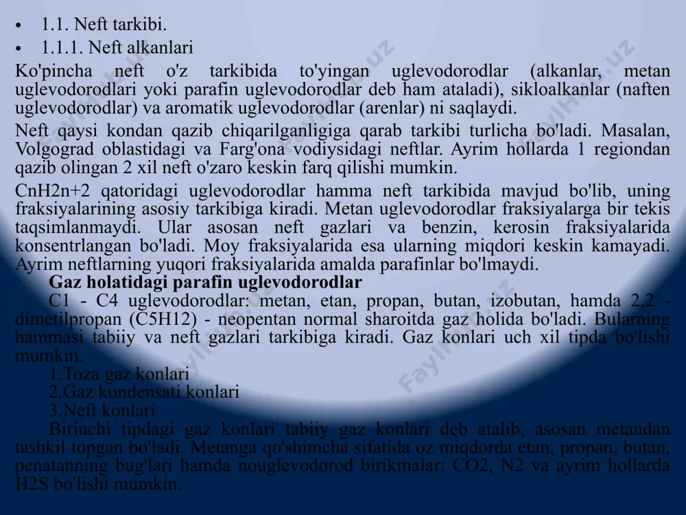lari tarkibiga kiradi. odatda tarmoqlangan zanjirli uglevodorodlarning qaynash harorati mos ravishdagi normal parafinlarnikidan past bo'ladi. c5-c10 uglevodorodlarning izomerlari soni quyidagicha. 2-jadval c5-c10 uglevodorodlar izomerlarining soni parafin uglevodorodlarning neftdagi miqdori turlicha bo'ladi, rangsiz fraksiyalarda ularning miqdori 10-70 % bo'lishi mumkin. metan uglevodorodlari kimyoviy nuqtai nazardan nisbatan yuqori mustahkamlikka egadir (oddiy haroratda ko'pchilik kuchli ta'sir qiluvchi reagentlar ta'siri uchun). ular oksidlanmaydilar, sulfat va nitrat kislota bilan reaksiyalarga kirishmaydilar. ularning xlor va boshqa galogenlar bilan reaksiyaga kirishish qobiliyatlari ma'lum. maxsus sharoitlarda (400°c, ko'p miqdorda metan) metandan metilxlorid, metilenxlorid, xloroform va to'rt xlor uglerodlar hosil bo'ladi. yuqori harorat hamda maxsus katalizatorlar ishtirokida parafin uglevodorodlar konovalov reaksiyasiga (nitrolash reaksiyasi), to'yinmagan uglevodorodlar bilan alkillash reaksiyalariga, oksidlash reaksiyalariga kirishishi mumkin. hamma ushbu reaksiyalar sanoat ahamiyatiga ega. yuqori haroratlarda alkanlar termik parchalanadi. qattiq parafinlar hamma neft tarkibida mavjud bo'lib, odatda kam miqdorda (0,1-5 %), parafinli neftlarda esa 7-12 % gacha bo'lishi mumkin. qattiq parafinlar neft tarkibida erigan holda …