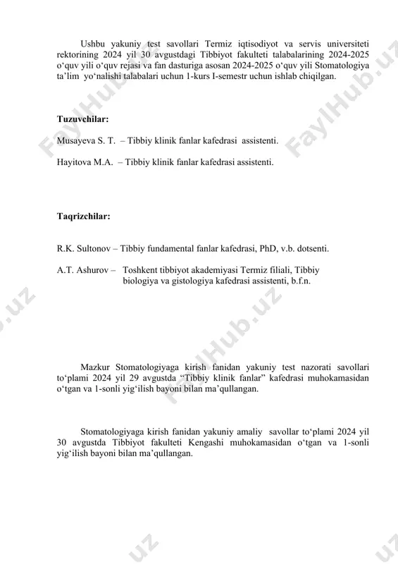 atologik yordam qanday bo’lgan? 10.stomatologiya rivojlanish tarixida gippokrat qanday chora tadbir qo’llagan? 11. stomatologiya rivjlanishida mahaliy maktablar qaysilar? 12.stomatologik klinika turlari qaysilar? 13.katta 1-toifali stomatologik polilinikalarda jarrohli bo’limi tahskil etilishi qanday? 14.yuz- jag’ jarrohligi bo’limida jarrohlik xonasini qanday tashkil etiladi? 15. jarrohlik-stomatologiya bo’limida foydaniladigan diagnostik asbob uskunalarga misollar keltiring? 16. jarrohlik-stomatologiya bo’limida foydaniladigan operatsiyada ishlatiladigan asbob uskunalarga misollar keltiring? 17. stomatologiyada deontologiya qoidalari 18. tibbiy etikada shaxslararo munosabtlar nechta turi faqlanadi? 19. tibbiyotda etika qonun qoidalari yuzasidan shifokorlar va bemorlar munosabati qanday tashkillashtiriladi? 20.stomatoloik bo’limlarda infeksiyaning yuqish yo’llari? 21. aseptikaga ta’rif bering? misollar keltiring 22. antiseptika nima? misollar keltiring 22. antiseptika turlari qaysilar? 24. sterelizatsiya nima ? 25. sterelizatsiya bosqichlarini sanab bering 26. tish shifokori – terapevtning ish vazifalari 27.stomatologik tibbiy xarita(karta) nima va unda qanday ma’lumotlar bo’ladi? 28. karies kelib chiqishi etiologiyasi? 29. karies turlari qaysilar? 30. black bo’yicha karies klassifikatsiyasini sanab bering? 31. shifokor sirini qachon oshkor qilish …