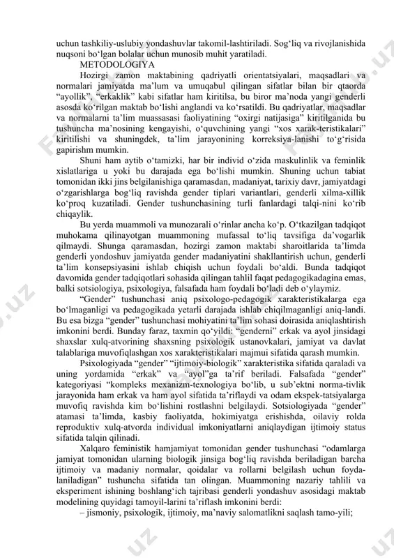 i, “xotin-qizlar va erkaklar uchun teng huquq hamda imkoniyatlar kafolatlari to‘g‘risida”gi qonunga asoslangan hozirda hujjat bo‘yicha tegishli idora va tashkilotlarning fikrlari o‘rganilib, muhokama jarayoni olib borilmoqda. strategiya shu yilning fevral oyida tasdiqlanishi kutilyapti. strategiyada qayd etilgan maqsadlarga 2030 yil-gacha erishish rejalashtirilgan. respublikamizda qaror topgan zamonaviy shart-sharoitlarda ta’limiy, tarbiyaviy, iqtisodiy, ijtimoiy va madaniy funksiyalarni bajarmoqda. hozirgi kunda jamiyatimizda ijtimoiy-iqtisodiy o‘zgarishlarning jadal amalga oshiri-lishi, ta’lim tizimining bosqichma-bosqich isloh qilib borilishi – murakkab ijtimoiy hodisa sifatida umume’tibofli va ma’naviy qiziqishiga molik jarayonga aylandi. ta’lim tizimining umumiy maqsadi teng huquqli va demo-kratik davlat talabiga javob beruvchi jamiyat a’zolarini tarbiyalab berishdan iboratdir. demak, kasbiy faoliyatga pedagogik faollashuv yordamida inson hayotiga, shaxs tarbiyasiga, ijtimoiy munosabatlarrivojlanishiga ma’lum ta’sir ko‘rsatish mumkin. faol o‘qituvchi shaxsini shakllantiish ijtimoiy uyg‘unlashuvi esa ta’limni taraqqiy ettirishning muhim omili hisoblanadi. pedagogik faoliyatning obro‘-e’tiborini va ijtimoiy maqomini oshirish yuzasidan davlat siyosati ro‘yobga chiqariladi. ta’lim oluvchilarning va pedagog-larning o‘qishi, sog‘liga va dam olishi uchun zarur sharoitlar …