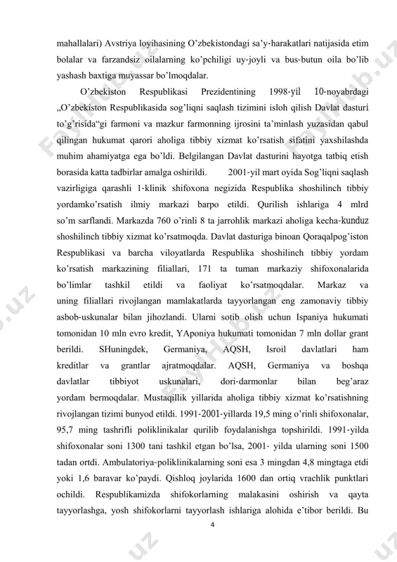 1,4 tani tashkil etgan bo’lsa, 1999-yilda bu ko’rsatkich 20,2 taga yoki 2,5 baravarga kamaydi. shu yillarda onalar o’limi har 100 ming tirik bolaga nisbatan 65,3 tadan 31 taga yoki 2,1 marta kamaydi. etim bolalar va farzandsiz oilalar to’g’risida g’amxo’rlik “kinderdorf” (bolalar 4 mahallalari) avstriya loyihasining o’zbekistondagi sa’y-harakatlari natijasida etim bolalar va farzandsiz oilalarning ko’pchiligi uy-joyli va bus-butun oila bo’lib yashash baxtiga muyassar bo’lmoqdalar. o’zbekiston respublikasi prezidentining 1998-yil 10-noyabrdagi „o’zbekiston respublikasida sog’liqni saqlash tizimini isloh qilish davlat dasturi to’g’risida“gi farmoni va mazkur farmonning ijrosini ta’minlash yuzasidan qabul qilingan hukumat qarori aholiga tibbiy xizmat ko’rsatish sifatini yaxshilashda muhim ahamiyatga ega bo’ldi. belgilangan davlat dasturini hayotga tatbiq etish borasida katta tadbirlar amalga oshirildi. 2001-yil mart oyida sog’liqni saqlash vazirligiga qarashli 1-klinik shifoxona negizida respublika shoshilinch tibbiy yordamko’rsatish ilmiy markazi barpo etildi. qurilish ishlariga 4 mlrd so’m sarflandi. markazda 760 o’rinli 8 ta jarrohlik markazi aholiga kecha-kunduz shoshilinch tibbiy xizmat ko’rsatmoqda. davlat dasturiga binoan …