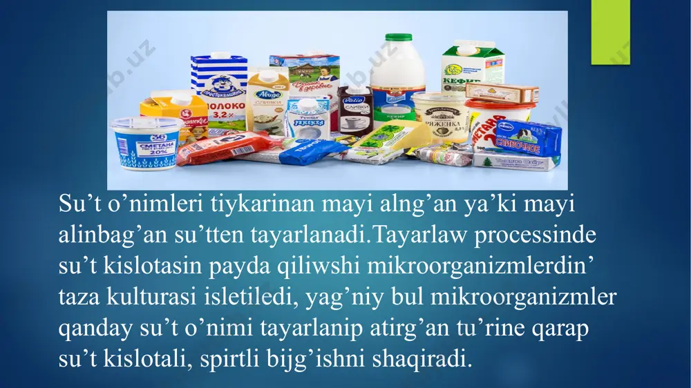 su’t o’nimlerine ta’n bolip, da’mi ha’m iyisi mazali, basqa iyislerge iye bolmawi lazim. konsistensiyasi belgili da’rejege shekem qoyiwlasqan boliwi mu’mkin, lekin quraminda may ha’m belok bo’lekleri irilespegen bolip, onin’ sirtqi ko’rinisi jaltiraq, ren’i aq ya’ki azmaz sarg’ish may mug’dari 25 %, kislotalilig’i 60-1000 boladi. tvorog.su’t sanaatinin’ shig’ariw processinde qaymag’i alinbag’an ya’ki aling’an su’ttin’ quramina su’t kislotasin payda qiliwshi mikroorganizmlerdin’ taza kulturasi qosip uyitiw joli menen tvorog islep shig’ariladi.tvorogti ayrannan da tayarlaw mu’mkin. pasterizatsiya qiling’an su’tten tayarlang’an tvorog tikkeley aziq-awqat sipatinda paydalaniliwi ha’m onnan basqa tu’rli tvorog ta’rizli o’nimler islep shig’ariw mu’mkin. eger tvorog pasterizatsiya qilinbag’an su’tten tayarlang’an bolsa, bunday tvorog tu’rli qiyli basqa o’nimler islep shig’ariw ushin isletiledi, sonnan sirnik, su’zbe, eritilgen sir. su’t sanaati u’sh qiyli taypadag’i tvorog islep shig’aradi, mayli, yarim mayli ha’m maysiz: ha’r taypag’a kiretug’in tvorogtin’ kislotalilig’i esapqa alinip ekige bo’linedi – joqari ha’m birinshi (33-keste). qatiq.qatiq tayarlawda qaymag’i aling’an ya’ki alinbag’an pasterizatsiya qiling’an su’t isletiledi.tayarlaw …