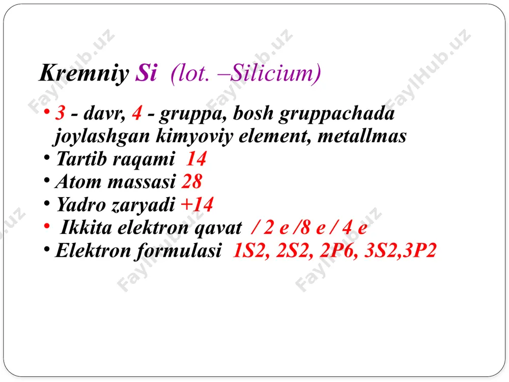 4 sih4 badbo’y hidli gaz modda bo’lib . issiq ta’siriga chidamsiz: sih4=si+2h2 kremniyning vodorodli birikmalari. 17 silanning yonishidan sio2 va suv hosil boladi: sih4 + 2o2 = sio2 + 2h2o bu reaksiya o’z-o’zidan yonish bilan - 191c boradi. silanga suv ta’sir etib: sih4 + 2h2o = sio2 + 4h2 silan xlor bilan portlash bilan oksidlanadi: sih4 + 4cl2 = sicl4 + 4hcl agar silanga oksidlovchilar ta’sir ettirilsa u silikat kislotagacha oksidlanadi: sih4 + 8agno3 + 4h2o = h4sio4 + 8ag + 8hno3 kremniyning galogenli hosilalari 18 . sio2 ga hf ta’sir etib sif4(gaz modda) olish mumkin: sio2+4hf=sif4+2h2o suvdagi eritmalarda sif4 oson gidrolizga uchraudi: sif4+4h2o= h4sio4+4hf kremniyning geksaftor silikatlarga tegishli kompleks birikmalari olingan: caf2+sio2+4hf=ca[sif6]+2h2o kremniy(iy) oksidiga ko’mir va xlor ta’sir etish orqali sicl4 olish mumkin: sio2+2c+2cl2=sicl4+2co kremniy(iy) xlorid ham oson gidrolizga uchraydigan rangsiz(qayn, harorati 57,6os) suyuqlik: sicl4+4h2o=h4sio4+4hcl sibr4 (suyuql.harorati 5,2 os) va sii 4(suyuql. harorati 12o,5os) qattiq moddalardir. kremniyning galogenli hosilalari …