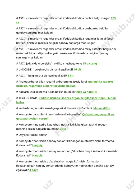asosiy farqi analoglida axborot uzluksiz, raqamlida axborot uzulishli bopladi # kodlash usullini necha turda bo'lish mumkin tekis va notekis # tekis usullarda kodlash usulida ishtirok etgan belgilar soni (hajmi) bir xil bo’lsa # kodlashning notekis ususliga qaysi alifbo misol bo'la oladi, morze alifbo # kompyuterda sonlarni tasvirlash usullari qaysilar? qo’zg’almas, vergulli va qopzgpaluvchan vergulli # kompyuterning xotira katakchasi necha ikkilik belgidan tashkil topgan mashina so’zini saqlashi mumkin? 24lik # qaysi fikr o’rinli emas? # kompyuter hotirasida qanday sonlar fiksirlangan nuqta ko’rinishli formatda ifodalanadi? haqiqiy # kompyuter hotirasida qanday sonlar qo’zg’aluvchan nuqta ko’rinishli formatda ifodalanadi? haqiqiy # kompyuter hotirasida qo’zg’aluvchan nuqta ko’rinishli formatda ifodalanadigan haqiqiy sonlar odatda kompyuter hotirasidan qancha bayt joy egallaydi? 4 bayt # ko’pchilik kompyuterlarda qaysi amal ishlatilmaydi? # iqtisodiy ma‘lumotlar jamiyatdagi ishlab chiqarish munosabatlarini tavsiflaydi (resurslar, boshqaruv jarayonlari, moliyaviy jarayonlar to'g'risida iqtisodiy xarakterdagi ma'lumot). # iqtisodiy informatika deb kompyuter, kommunikatsion va tashkiliy texnika vositalari yordamida iqtisodiy axborotni …
