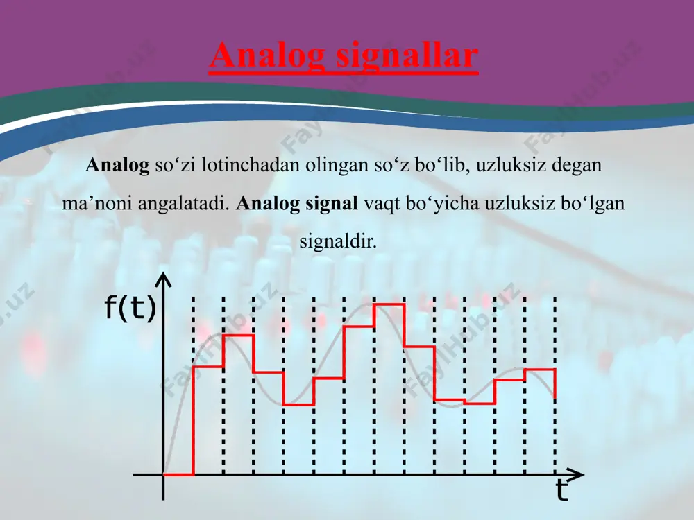 vchi qurilmalarga modulyatorlar deb ataladi. modulyatorlar hozirgi kunda juda keng foydalaniladigan qurilmalardir. kompyuterda hosil qiligan ma’lumotni uzatish uchun raqamli signallardan foydalanish ham, tez ham qulay va aniq bo’ladi. ammo hozir ham ko’pgina akoqa qurilmalari (telefon, telegraf, radio, televideniya) analog signallar bilan ishlaydi. bu muammodan qutilish uchun modem zarur. modem raqamli signali analogli signalga ham ( mo dulyatsiya), analogli signalni raqamli signalga ham (dem odulyatsiya) aylantira oluvchi yagona qurilmadir. modem ichki yoki tashqi bo’lishi mumkin. foydalanilgan adabiyotlar 1. a.a. xoliqov “raqamli sxemotexnika”. toshkent “yangi nashr” – 2017-yil. 2. e.u.ibragimov, sh.t.ermatov, l.f.ayupov “elektronika va sxemotexnika”. toshkent 2007-yil. 3. x.k.aripov, a.m.abdullayev “elektronika”. toshkent – 2012-yil. image3.png image4.png image5.jpeg image6.jpg image7.jpeg image1.jpg