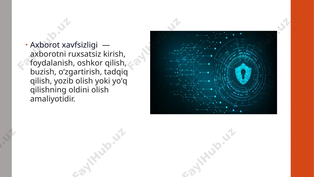 ga qaratilgan. parol siyosati kuchli va murakkab parollar: parollarni to'g'ri boshqarish va kuchli qilish zarur, ular katta va kichik harflar, raqamlar va maxsus belgilarni o'z ichiga olishi kerak parollarni muntazam yangilash: parollarni ma'lum vaqt oralig'ida yangilab turish. parollarni himoya qilish: parollarni faqat xavfsiz joylarda saqlash va hech qachon ularni boshqalar bilan bo'lishmaslik. 1975-yilda jerri zalser va maykl shreder oʻzlarining „kompyuter tizimlarida axborot xavfsizligi“ nomli maqolasida birinchi boʻlib xavfsizlikni buzishni uchta asosiy toifaga ajratishni taklif qilishgan axborot xavfsizligi muammosi — bu axborot resurslarini va tizimlarni ruxsatsiz kirish, zararli dasturlar, xakerlik hujumlari, ma'lumotlarni yo'qotish yoki o'g'irlikdan himoya qilishga doir yuzaga kelayotgan turli tahdidlar va muammolarning umumiy nomi. u zamonaviy texnologiyalar va raqamli tizimlarning tez rivojlanishi bilan birga dolzarblashmoqda ruxsatsiz kirish va hujumlar xakerlik hujumlari: hujumchilar tizimlar yoki tarmoqlarga ruxsatsiz kirish uchun turli usullarni (masalan, brute-force hujumlari, phishing, ddos) qo'llaydilar. buning natijasida ma'lumotlar o'g'irlanishi yoki tizimlar ishlamay qolishi mumki zararlangan dasturlar (malware) viruslar, …