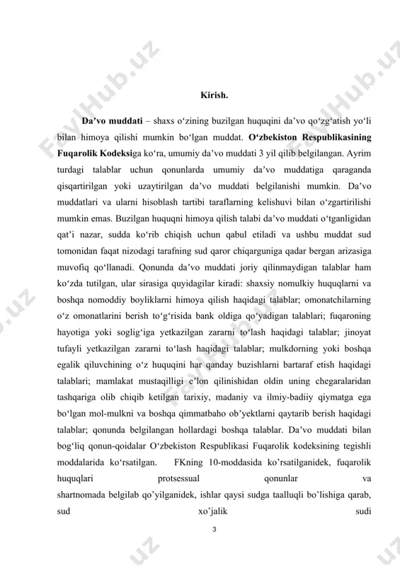 o‘rtasida munosabatlarda esa xo‘jalik hisobini mustahkamlashda, korxonalaming normal ishlashida, topshiriqlami o‘z vaqtida bajarishda, muhimi, shartnoma intizomiga amal qilishda katta rol o‘ynaydi. huquqni himoya qilish va uni amalga oshirishda vaqtning ahamiyati shundan iboratki, u faktik holatlarni keltirib chiqaradi, faktlarni huquqga (talab qilish huquqiga) aylantiradi, huquqni vujudga keltiradi, o‘zgartiradi hamda bekor qiladi. vaqt shaxslarga huquq beradi, ba’zilaridan esa huquqni olib qo‘yadi yoki huquqning harakatini to‘xtatadi. da’vo muddati deb shaxs o‘zining buzilgan huquqini da’vo qo‘zg‘atish yo‘li bilan himoya qilishi mumkin bo’lmaydigan muddatga aytiladi. har qanday fuqarolik da’vosining ikki tomoni bor: birinchidan, moddiy-huquqiy tomoni bunda, avvalo, da’vogarning javobgarga nisbatan muayyan nizoli moddiy-huquqiy talabi bo‘lishi, masalan, biron-bir ashyoning topshirilishi, pul to‘lanishi, xizmat ko‘rsatilishi, zararning qoplanishi xususida talab qilinadi; ikkinchidan, protsessual huquqiy tomoni — bunda taraflar o‘rtasida kelib chiqqan nizoning mazmunan hal qilinishi va buzilgan yoki nizoli huquqning qo‘riqlanishi to‘g‘risida sudga iltimos bilan murojaat qilinadi. fkning 10-moddasida ko‘rsatilganidek, fuqarolik huquqlari protsessual qonunlar va shartnomada belgilab qo‘yilganidek, …
