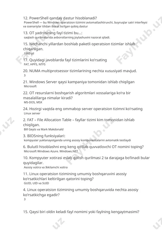 larga joylashtirilgan. kengaytma - bu .... diskdagi tutashgan blok 13. unix ot kim yaratgan tomson va kennet 14. multiprotsessorli apparat ta'minoti necha xil ko‘rinishda namoyon bo‘ladi 2 17. windowsda sysevent.evt faylida joylashgan jurnal nomi qanday? tizim jurnali 18. operatsion tizimning rivojlanish tarixi iv avlod nechanchi yillarni o‘z ichiga oladi. 1980 yildan to hozirgacha 19. ubuntuda faylga yozuvchi komandasini ko‘rsating echo 24. ot yadrosining xotirani boshqarish tizimi bu...: dasturlarni xotiraga joylashtiradi 15. program.exe faylida .exe bu fayl kengaytmasi 25. saxifa bo‘yicha boshqarish usuli to‘g‘ri ko‘rsatilgan javobni toping virtual xotira -> (operativ xotira + tashqi xotira) 1. unix ot ning system v versiyasi qachon ishlab chiqilgan 1983 2. fat16 fayl tizini 10 gb o‘lchamiga ega qattiq diskga o‘rnatsa bo‘ladimi? yo‘q 3. unix server operatsion tizimi nechanchi yillarda yaratilgan 1960 4. linux operatsion tizimida eng keng tarqalgan antivirus dasturi nomi? comodo 6. hozirgi kunda eng ko‘p bulutli xizmatlarni joriy qilayotgan kompaniyalari nomlarini toping? …