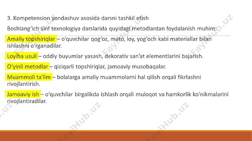 o aloqadorlikni yo'lga qo'yish fan va jamiyat hayotida bugungi kunda sodir bo'layotgan integratsion jarayonlarning yorqin ifodasidir. ushbu aloqadorlik o'quvchilarning bilimlarni ongli o'zlashtirishi, dunyo haqidagi yaxlit tasavvurlarni rivojlantirish va amaliy, ilmiy-metodik tayyorgarligini oshirishda muhim o'rin egallaydi. bunday tayyorgarlik umumiy o'rta ta'lim o'quvchilarini darsda va darsdan tashqari mashg'ulotlarda, ishlab chiqarishda va umuman har qanday faoliyatda o'zlashtirgan bilim, ko'nikma va malakalarini erkin qo’llash imkonini beradi. integratsiya turlari texnologiya darslarida quyidagi integratsiya turlaridan foydalanish mumkin: fanlararo integratsiya – texnologiya fanini matematika, ona tili, tabiiy fanlar, san’at va axborot texnologiyalari bilan bog‘lash. ichki integratsiya – texnologiya fani doirasida turli mavzularni bir-biri bilan bog‘lash (masalan, hunarmandchilik va zamonaviy texnologiyalar). hayotiy integratsiya – o‘quvchilarning kundalik hayotda duch keladigan vaziyatlar asosida mashg‘ulotlarni tashkil qilish. texnologiya qaysi fanlar bilan integratsiya qilingan? nima uchun? integratsion yondashuv asosida darslarni tashkil etish integratsiyalashgan texnologiya darslari quyidagi usullar asosida tashkil etiladi: loyiha usuli – o‘quvchilar mustaqil yoki guruh bo‘lib turli mavzularda loyihalar yaratadi. …