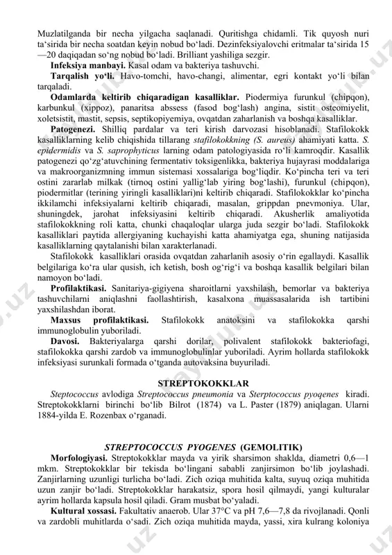 ko‘payadi, qonli muhitda ham yaxshi o‘sadi, optimal harorati 37°c, phi 7,2—7,4. tuxum sarig‘i qo‘shilgan tuzli agar va tuzli sutli agar elektiv muhit bo‘lib hisoblanadi. gpa da stafilokokklar 2—4 mm kenglikdagi chetlari tekis, bo‘rtib chiqqan, yumaloq, xira, yaltiroq koloniya hosil qilib o‘sadi. ular o‘stirilganda oq, sariq, tillarang pigment hosil qiladi. ayniqsa, sutli muhitda, uy haroratida va yorug‘lik tarqoq yerda yaxshiroq pigment hosil qiladi. stafilokokkning pigmenti suvda erimaydi, atseton, efirda, spirt va boshqalarda yaxshi eriydi. qonli muhitda koloniya atrofida gemoliz zonasini hosil qiladi. suyuq muhitda bir xilda loyqalanib va probirka tubida cho‘kma hosil qilib o‘sadi. tashqi muhit omillariga chidamliligi. stafilokokklar ancha chidamli, shuning uchun ularni suv, havo, tuproq, jihozlarda aniqlash mumkin. 100°c haroratda shu zahoti, 70°c haroratda 10—15 daqiqadan so‘ng nobud bo‘ladi. past haroratda yaxshi saqlanadi. muzlatilganda bir necha yilgacha saqlanadi. quritishga chidamli. tik quyosh nuri ta‘sirida bir necha soatdan keyin nobud bo‘ladi. dezinfeksiyalovchi eritmalar ta‘sirida 15—20 daqiqadan so‘ng nobud bo‘ladi. brilliant …