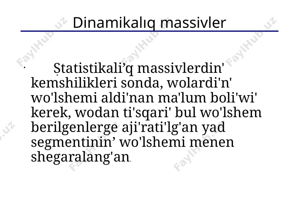 tekseriw. massiv shegarasinan shig’iw: massiv elementine duris emes nomer menen murajat qiliw, bunda jaziwda “basqa” yadtag’i mag’liwmatlar buziladi. ne islew kerek: eger translyator mumkinsilik berse, massivtin’ shegarasinan shig’iwin tekseriwdi qosiw kerek. ko’rsetkish ekinshi ret o’shirilse: yad strukturasi buziladi, qalegen narse boliwi mu’mkin. ne islew kerek: o’shirilgen korsetkishke null di jaziw kerek, qa’telik tez belgili bo’ladi. yadti jog’altiw: kerek emes yad bosatilmaydi. ne islew kerek : “musor” di joq etiw kerek. 14 15 dinamikaliq matritsalar ma’sele. programma islewinde matritsa elementler sanin kiritiw ha’m yadtan orin ajiratiw kerek. problema: matritsanin’ elementi aldinnan belgili emes. sheshiw joli: har bir qatar ushin o’z aldina yad blogi ajiratiladi; barliq matritsa ushin yad ajiratiw. 15 16 1-variant. ha’r qaysi qatardin’ o’zinin’ blogi matritsa adresi: matritsa = qatarlar massivi matrisa adresi= qatarlardin adesi saqlanatugin adres qatarlar adresi= ko’rsetkish matrisa adresi = ko’setkishler massivi adresi a int **a; typedef int *pint; pint *a; yamasa berilgenlerdin’ jan’a tipin dag’azalaw …