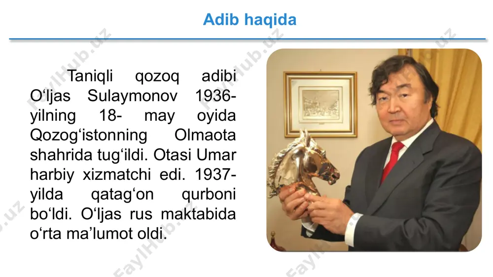 aymonov “az i ya” asarida, yevropaparastlar aytganlariday, turkiylar yovvoyi va madaniyatsiz qavm emas, balki dunyoning eng qadimiy madaniyatli millatlaridan ekanligini asosladi. o‘. sulaymonov “qoyilmisan insonga, zamin” deb ataluvchi dostoni bilan dunyoga mashhur bo‘ldi. iroda madhiyasi inson imkoniyatlari va irodasiga bitilgan madhiya bo‘lgan mazkur asarda koinotni zabt etib, dunyo tarixida yangi bosqichni boshlab bergan inson haqidagi mushohadalar g‘oyat ta’sirchan ifodalanadi. shoir qahramonlari shoir she’riyatidagi qahramonlar - g‘ururli, o‘z qadrini biladigan, ayni vaqtda, o‘zganing ham qadriga yetadigan shaxslar. ular fe’li keng, tanti, falsafiy mushohadalarga moyil, chapani va jo‘mard kishilar sifatida tasvirlangan. ularda turkiy qavmlarning tarixiy o‘tmishi ta’sirli lavhalarda o‘z aksini topgan. o‘ljas sulaymonov onasi bilan o‘ljas sulaymonov rafiqasi margarita bilan o‘ljas sulaymonov qizi madina bilan iskandar sulaymonov o‘ljas sulaymonovning nevarasi iskandar sulaymonov “mening nevaram no‘noq haydovchining qurboni bo‘ldi…” mazkur fojia 2018-yilning 22-iyunida ostona shahrida sodir bo‘lgan. o‘zbek ijodkorlarining tarjimalari o’ljas sulaymonov oʻzbekistonga bir necha marta kelgan, oʻzbek shoirlari bilan ijodiy aloqada. ayrim …