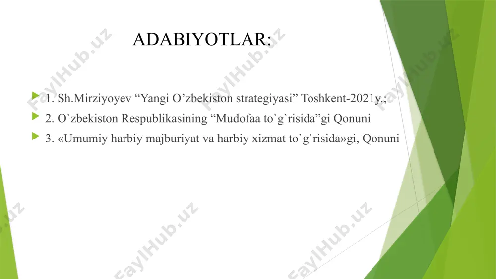 anligini inobatga olib, o’zbekiston respublikasi oliy kengashining1993 yil 29 yanvardagi «o’zbekiston respublikasining vatan himoyachilari kunini belgilash to’g’risida»gi qonuniga binoan 14 yanvar - vatan himoyachilari kuni, deb e‟lon qilindi. o’zbekiston respublikasi qurolli kuchlarini barpo etishning tashkiliy davri yakunlangach, oldindagi vazifa uni zamon talablari asosida isloh qilishdan iborat bo’ldi. bunda avvalo e’tibor qo’shinlarni qo’llanishining strategik va taktik jihatidan kelib chiqib, mamlakatni himoya qilishga qodir qo’shinlar turlarini tuzishga qaratildi hamda har bir qo’shin turining aniq vazifalari belgilandi. o’tgan davr mobaynida qurolli kuchlar tashkiliy - shtat tuzilishi takomillashtirildi va unga muvofiq harbiy qismlar, muassasalar va harbiy o’quv yurtlari isloh qilindi, harbiy bilim yurtlari tarmoqlarini kengaytirish va qurolli kuchlar akademiyasini barpo etish hisobiga milliy harbiy kadrlar tayyorlashning mukammal tizimi yaratildi, qurolli kuchlar vazifalariga binoan harbiy xizmatchilar barcha toifasining ta’lim jarayoni yaxshilandi, mintaqadagi geostrategik vaziyat va harbiy - siyosiy holat hisobga olinib, qo’shinlarni joylashtirish tizimi takomillashtirildi, qo„shinlarni barqaror boshqarishning zamon talabiga javob bera oladigan tizimi barpo …