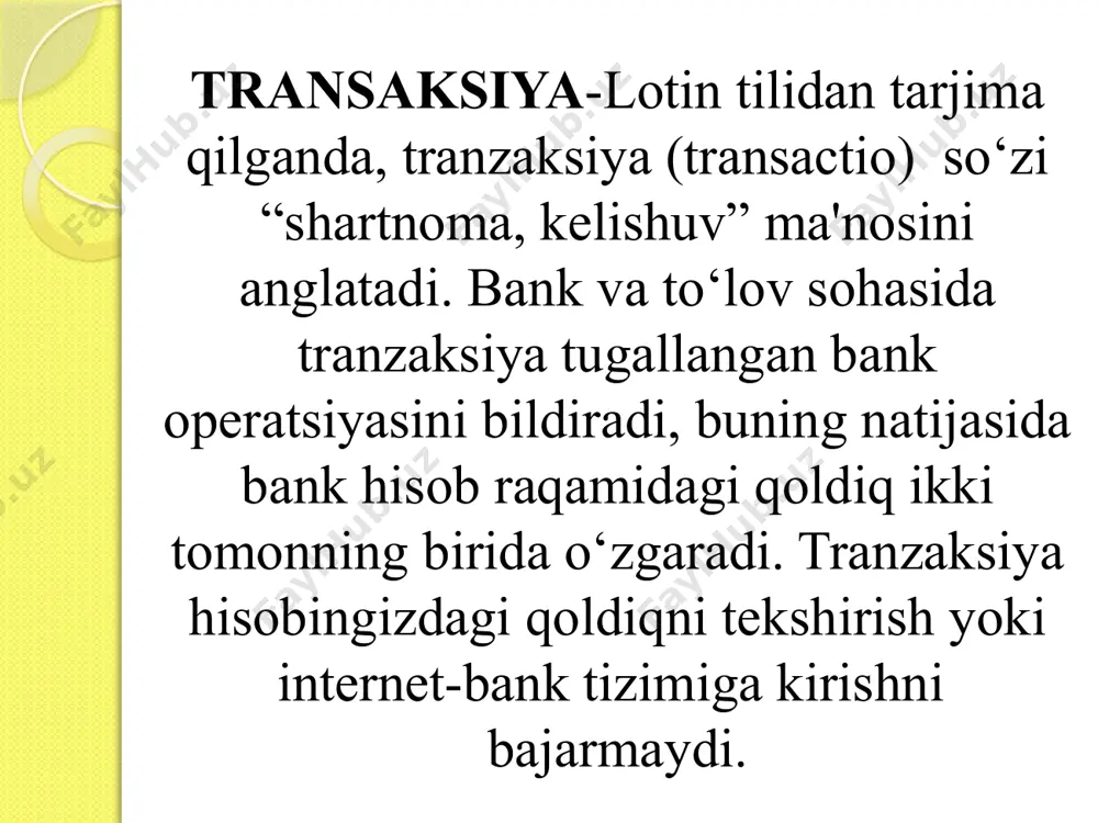 ing transformatsion yondashuvi (institutsional o‘zgarishlarni tahlil qilish uchun) birinchisi ikkinchisi 1960 yillar 7 transaksiya xarajatlari – axborotni yig‘ish va qayta ishlash xarajatlari, muzokaralar olib borish va qarorlar qabul qilish, shartnomaning bajarilishini nazorat qilish va yuridik himoyalash xarajatlaridir ilmiy manbalarda berilgan ta’riflarga muvofiq tranzaksiya xarajatlarini quyidagi tarzda tasniflash mumkin: - axborotni izlash xarajatlari (narxlar, mavjud tovarlar, yetkazib beruvchilar va iste’molchilar to‘g‘risida axborotni yig‘ish va qayta ishlash uchun sarflangan vaqt); - muzokaralar olib borish xarajatlari; - almashuvga kirgan tovarlar va xizmatlarning miqdori va sifatini o‘lchash xarajatlari; - mulkiy huquqlarni himoyalash xarajatlari; - opportunistik xatti-harakatdan himoyalash xarajatlari - bunda bitim shartlarini buzuvchi yoki bir tomonlama foyda olishga yo‘naltirilgan noinsoflik xatti-harakat tushuniladi o‘zining “firma tabiati”, deb nomlangan maqolasida (1937) r.kouz transaksiya xarajatlarini “narxlar mexanizmidan foydalanish xarajatlari”, “ochiq bozorda almashuv transaksiyalarini amalga oshirish xarajatlari” yoki “bozor xarajatlari” sifatida belgilagan. keyinchalik “ijtimoiy xarajatlar muammosi” maqolasida (1960) r.kouz “bozor transaksiya xarajatlari” iborasidan foydalangan. o.uilyamson transaksiya xarajatlarini bitim …