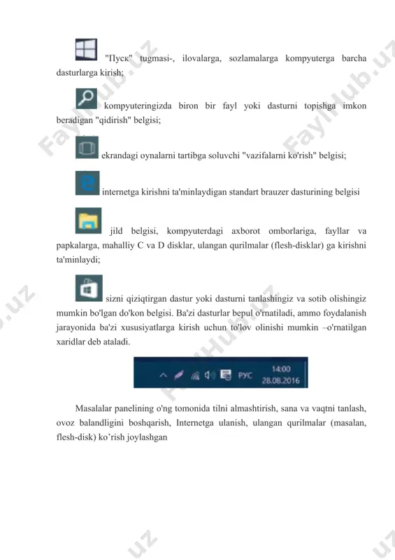 ang yoki olib tashlang. windows operatsion tizmning asosiy standart dasturlarini выполнить oynasi orqali yuklash uchun win+r turmalar brikmasidan foydalaniladi. windows standart dasturlari calc - калькулятор dasturini ishga tushiradi. notepad- блокнот dasturini ishga tushiradi. mspaint- paint grafik muharriri dasturini ishga tushiradi. wordpad- wordpad matn muharriri dasturini ishga tushiradi. quyida oynalar bilan tezkor ishlashga xizmat qiluvchi 13 ta tugmachalar kombinatsiyasini keltirib o‘tamiz. 1. alt + tab. bunda alt tugmachasini bosib ushlab turgan holda, keyin tab’ni bosasiz. paydo bo‘lgan panelda barcha ochiq turgan dasturlar oynalari prevyu shaklida ko‘rinadi. tab’ni qayta-qayta bosish orqali istalgan birining ustiga borib qo‘yib yuborsangiz, o‘sha oynaga o‘tasiz. 2. ctrl + alt + tab. yuqoridagi usulda siz alt’ni qo‘yib yuborishingiz bilan oynalar prevyusi avtomatik tarzda g‘oyib bo‘ladi. lekin mana bu tarzda – uchta tugmacha birikmasi bilan uni yo‘qolib qolmaydigan qilish mumkin. oynalarni bemalol ko‘rasiz, ko‘rsatkich (strelka) tugmachalari bilan keraklisining ustiga borasiz va enter’ni bosasiz – shunda panel yo‘qolib, o‘sha dasturga …