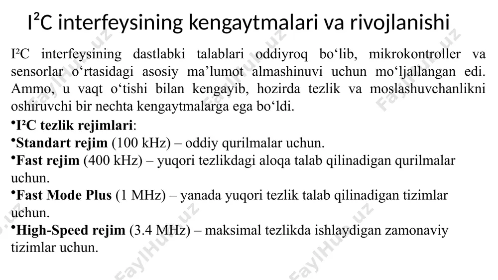 kin, ya'ni ma'lumotlar bir vaqtning o'zida ham yuboriladi, ham qabul qilinadi. bu uni i²c dan yuqori tezlikdagi va katta hajmdagi ma’lumotlar almashinuviga mos keladigan interfeysga aylantiradi. 5) multi-slave konfiguratsiyasi: spi bir nechta slave qurilmalarni boshqarishi mumkin. har bir slave uchun alohida ss chizig‘i talab qilinadi. master qurilma faqat kerakli slave ning ss chizig‘ini aktivlashtirib, u bilan muloqot qiladi. spi interfeysining amaliy qo'llanilishi: spi interfeysi yuqori tezlik va aniq sinxronizatsiya talab qilinadigan qurilmalarda keng qo‘llaniladi: displey va grafik modullar: oled, lcd va tft displeylar uchun spi tez va sifatli ma'lumot almashinuvi ta'minlaydi. xotira qurilmalari: spi eeprom va flash xotira modullari yuqori tezlikda o'qish va yozish uchun spi interfeysidan foydalanadi. sensorlar va aktuatorlar: ko‘plab yuqori tezlik talab qilinadigan sensorlar (masalan, giroskop va akselerometr) spi orqali ulanishi mumkin. sd kartalar: sd-karta modullarining ko'pchiligi spi orqali ham ishlaydi, bu esa ma'lumotlarni saqlash imkonini beradi. /docprops/thumbnail.jpeg