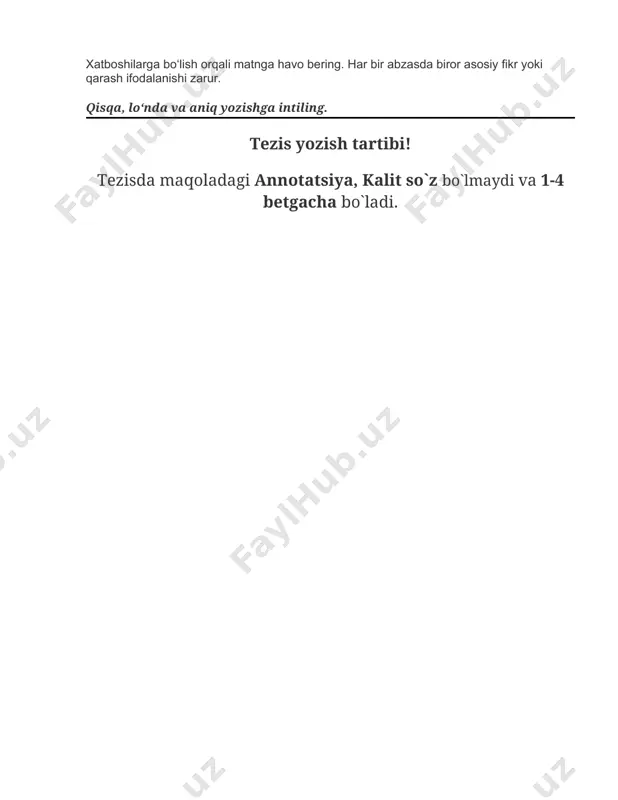 ingiz ham aniq bo‘lsin. umumiy, taxminiy gaplar fikrga kuch bermaydi. yozgan essengizni ovoz chiqarib o‘qib ko‘ring. shunda uning kamchiliklarini, ifodadagi g‘alizliklarini aniqlash osonlashadi. imkoni bo‘lsa, bir muddatdan so‘ng esseni qayta ko‘rib chiqing. agar esseni imtihonda birdaniga yozmayotgan bo‘lsangiz, ikki-uch kundan so‘ng uni “tozargan” miya, yangilangan qarash bilan o‘qing. oldin ko‘rmagan xato va nuqsonlarni albatta topasiz. agar essening hajmi katta bo‘lsa, uni qismlarga bo‘ling va ichki sarlavhalar qo‘ying. yaxlit, katta bir materialni o‘qigandan ko‘ra kichik qismlardan tashkil topgan materialni o‘qish-tushunish osonroq. o‘quvchi ichki sarlavhalarga ko‘z yugurtirgandayoq essening yo‘nalishi, mazmun-mohiyati haqida dastlabki xulosaga keladi. agar uni shu bosqichda qiziqtira olsangiz, material katta bo‘lsa ham, o‘qib chiqadi. xatboshilarga bo‘lish orqali matnga havo bering. har bir abzasda biror asosiy fikr yoki qarash ifodalanishi zarur. qisqa, lo‘nda va aniq yozishga intiling. tezis yozish tartibi! tezisda maqoladagi annotatsiya, kalit so`z bo`lmaydi va 1-4 betgacha bo`ladi.