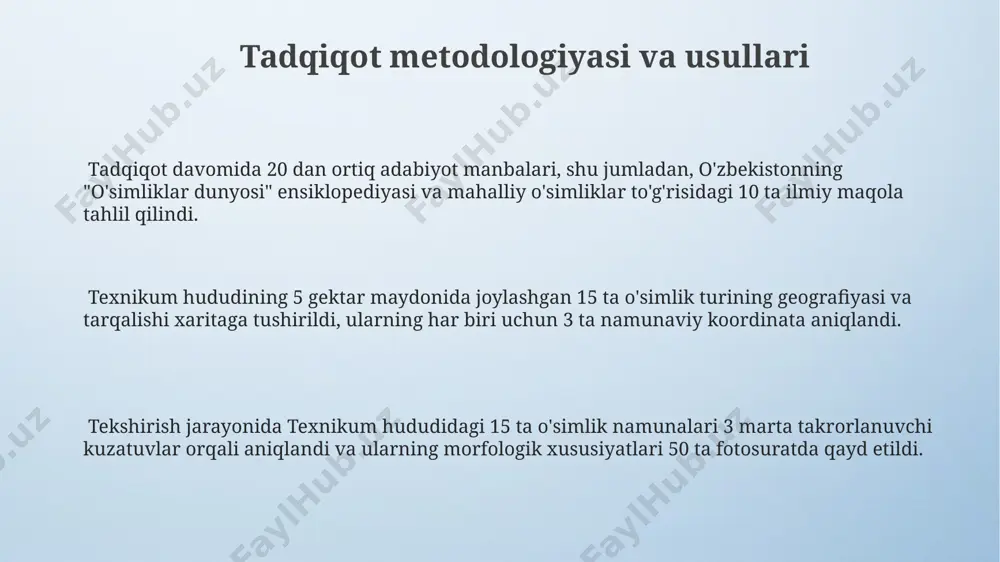 hududidagi 12 ta dorivor oʻsimlikning terapevtik xususiyatlari mahalliy aholi tomonidan 80% hollarda qoʻllanilmoqda, ayniqsa, 5 turi nafas yoʻllari kasalliklarida samarali. tekshiruv davomida texnikum hududida 15 ta dorivor oʻsimlikning 7 turi aniqlanib, ularning 3 turi faqatgina shimoliy qismida, 4 turi esa janubiy qismida tarqalganligi aniqlandi. oʻrganilgan 15 ta dorivor oʻsimlikdan 9 tasining samarqand viloyati oʻsimliklari roʻyxatida mavjudligi tasdiqlandi, qolgan 6 tasi esa qoʻshimcha tekshiruvlarni talab qiladi. e'tiboringiz uchun rahmat @taqdimot_robot image4.png image3.jpeg