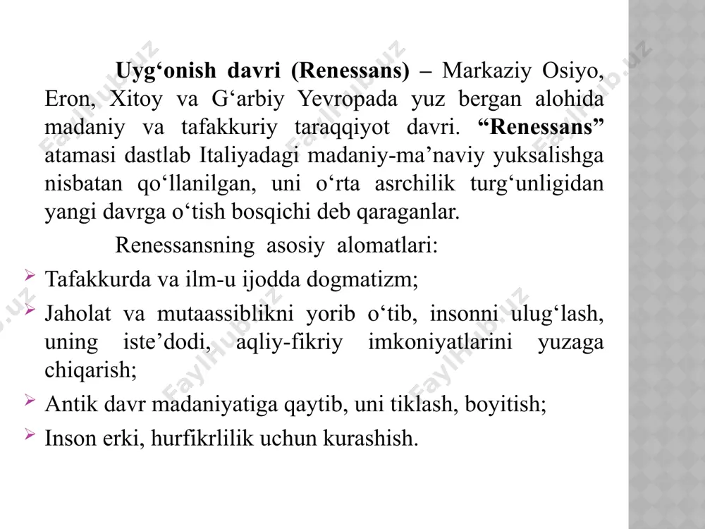 miy merosi haqli ravishda umumbashariy mulkka aylangan. o‘lkamiz, shuningdek, islom dini taraqqiyotiga ulkan hissa qo‘shgan muhaddis, dinshunos olimlar, tasavvuf ilmi namoyandalari yurti ham hisoblanadi. sovet ittifoqi davrida unutilish darajasiga kelib qolgan imom al-buxoriy, imom at-termiziy, hakim at-termiziy, imom al-moturidiy, abdulxoliq g‘ijduvoniy, burhoniddin marg‘inoniy, bahovuddin naqshband, qaffol shoshiy, xoja ahror va boshqa diniy arboblarning tabarruk nomlarini tiklash, ularning asarlarini keng jamoatchilikka tanitish jarayonlari boshlandi. temuriylar renessansi davri osiyo va islom tarixida xiv asr oxiridan xvi asr boshlariga qadar davrni qamrab oladi. islomiy oltin asrning asta-sekin pasayishidan so‘ng temuriylar imperiyasi san’at va fanlarning qayta tiklanishiga turtki bo‘ldi. mazkur harakat butun musulmon olamiga keng tarqaldi. fors-islom g‘oyalari asosida temuriylar renessansi quyidagilarni o‘z ichiga oladi: samarqandning qayta qurilishi, amir temur tomonidan temur shaxmatining kashf etilishi, shohruh mirzo va rafiqasi gavharshod begimning hirotdagi hukmronligi, astronom va matematik olim mirzo ulug‘bek davri, san’at homiysi husayn boyaqro tomonidan bir qator o‘quv dargohlarining qurilishi. jamshid al-koshiy matematika va …