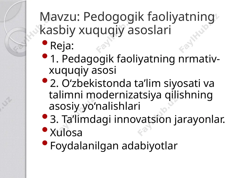 lalarni muhokama qilishda ishtirok etish; kasaba uyushmalari va nodavlat notijorat tashkilotlari a’zosi bo‘lish, xodimlarining vakillari bo‘lish, fuqarolik jamiyati boshqa institutlari faoliyatida qatnashish; o‘z kasbiy huquqlarini va umumiy manfaatlarni ifoda etish hamda himoya qilish uchun pedagog xodimlarning jamoat birlashmalariga birlashish; o‘z kasbiy faoliyatiga aralashuvdan himoyalanish; davlat sog‘liqni saqlash muassasalarida bepul tibbiy ko‘rikdan o‘tish (davlat ta’lim muassasalari va tashkilotlari uchun); ta’lim oluvchilarning huquqlari va qonuniy manfaatlarini himoya qilishda ishtirok etish. pedagog xodimlar qonunchilikka muvofiq boshqa huquqlarga ham ega bo‘lishi mumkin. o‘zbekistonda ta’lim siyosati va talimni modernizatsiya qilishning asosiy yo‘nalishlari ta’lim sohasidagi davlat siyosatining asosiy tamoyillari o’zbekiston respublikasining «ta’lim to’g’risida»gi qonunining 3-moddasida ta’lim sohasidagi davlat siyosatining asosiy tamoyillari ko’rsatib o’tilgan. ular quyidagilardan iborat: ta’lim-tarbiyaning insonparvar va demokratik xarakterda bo’lishi, ta’lim tizimining uzluksizligi va izchilligi; umumiy o’rta, shuningdek, o’rta maxsus kasb-hunar ta’limining yo’nalishlarini tanlashning ixtiyorligi; ta’lim tizimining dunyoviy xarakterda ekanligi; davlat ta’lim standarti doirasida ta’lim olishning hamma uchun ochiqligi; ta’lim dasturini tanlashga yagona va …